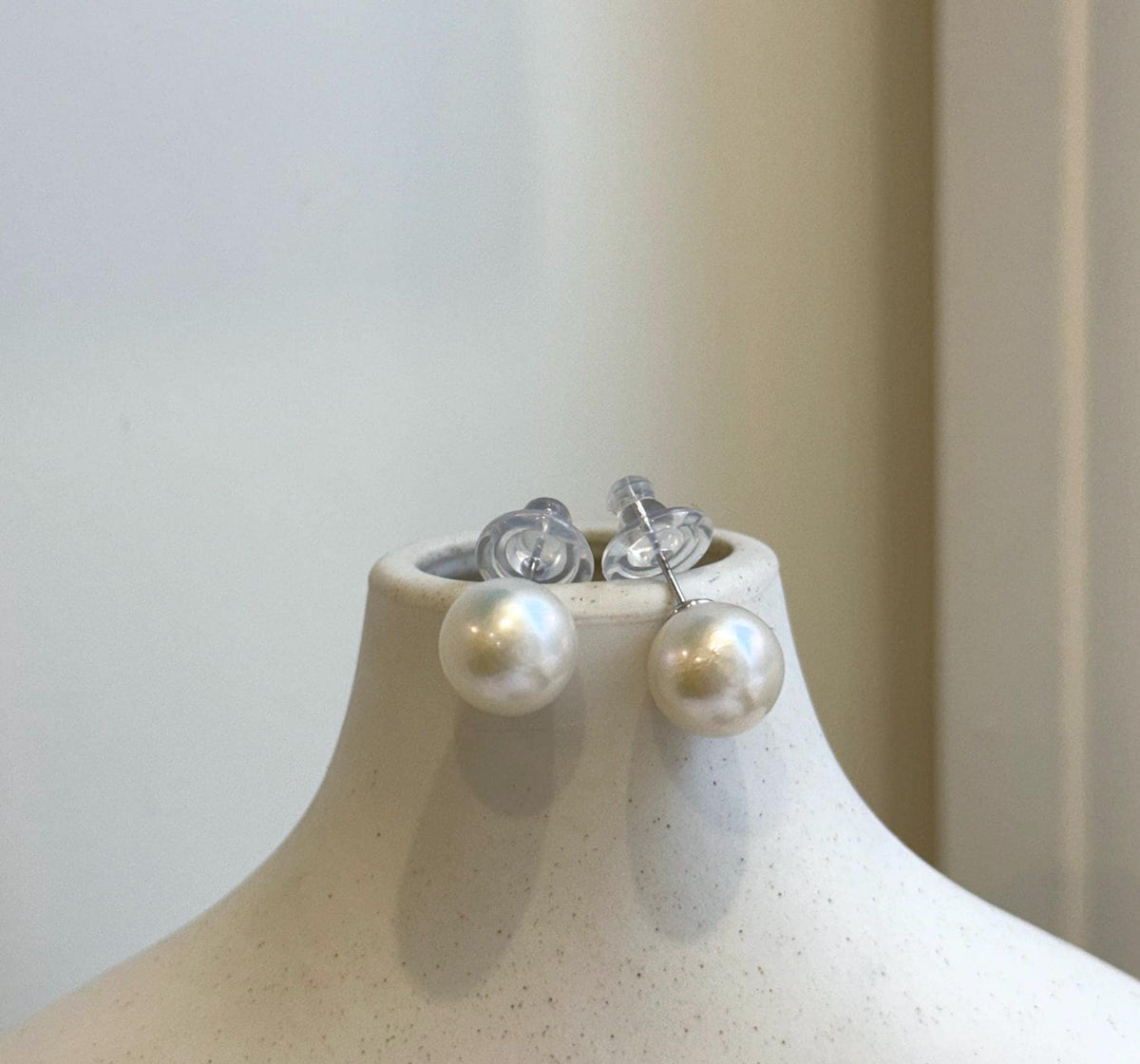 Elly’s 10.5mm White Edison Pearls Earrings Studs: Extreme luster Mirrored, S925 silver minimalist earrings studs.