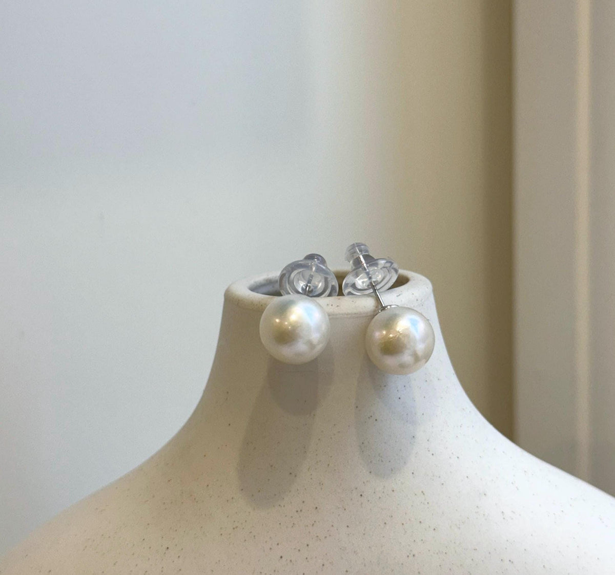 Elly’s 10.5mm White Edison Pearls Earrings Studs: Extreme luster Mirrored, S925 silver minimalist earrings studs.
