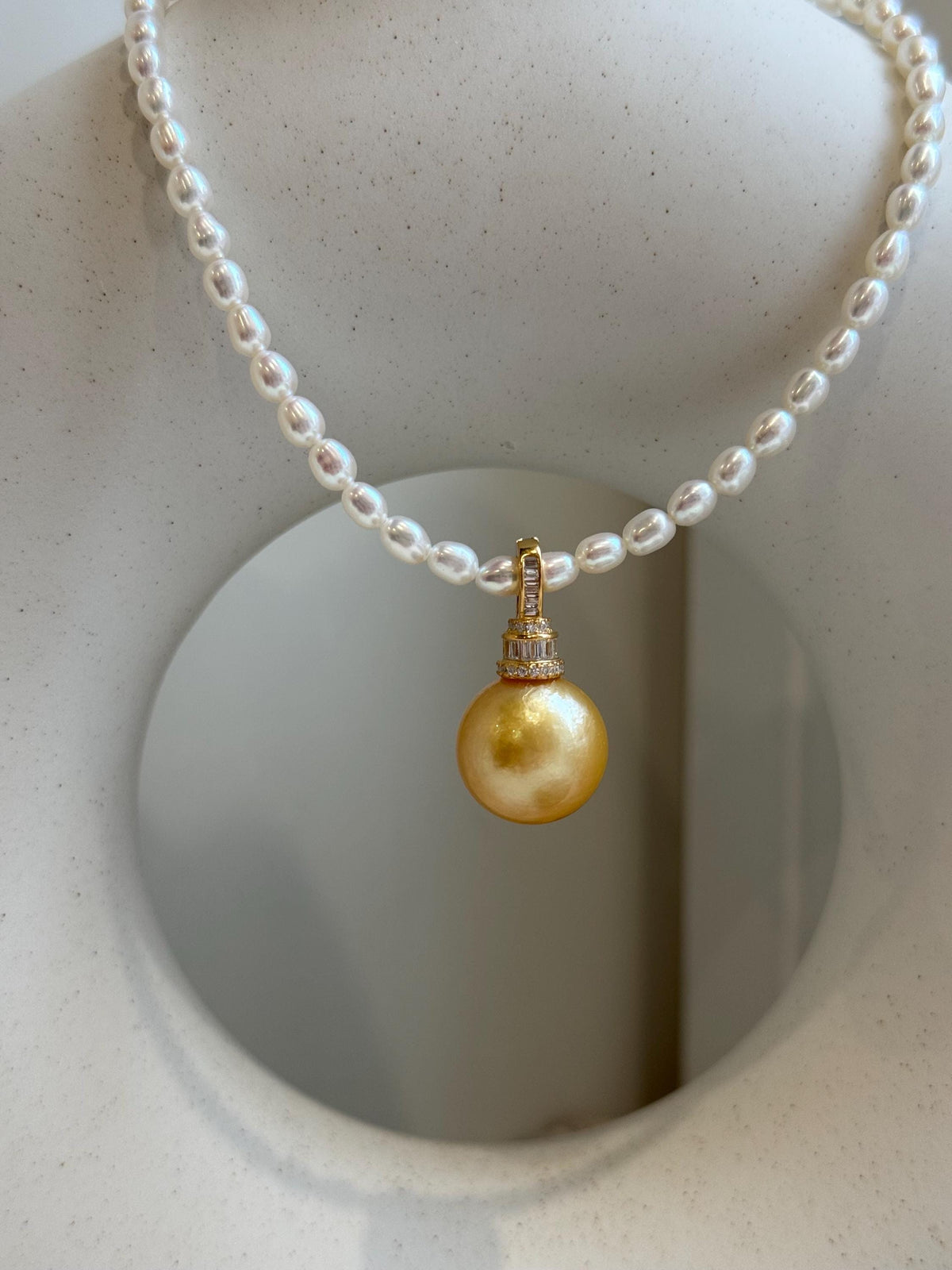 Elly’s South Sea deep Golden ocean Pearl white small pearls Necklace Set: Extreme luster. S925 silver pendant, necklace To 17.9”.