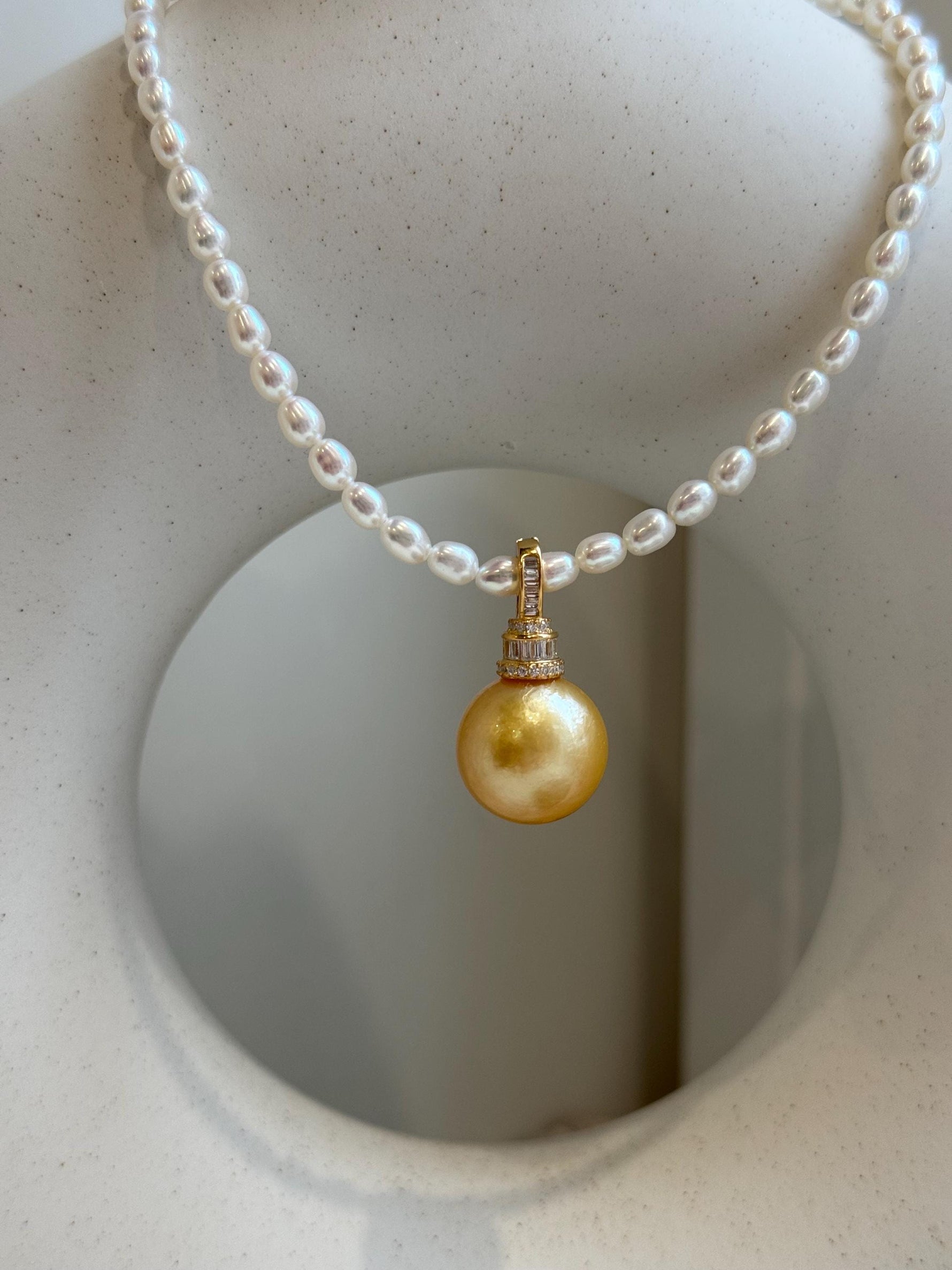 Elly’s South Sea deep Golden ocean Pearl white small pearls Necklace Set: Extreme luster. S925 silver pendant, necklace To 17.9”.