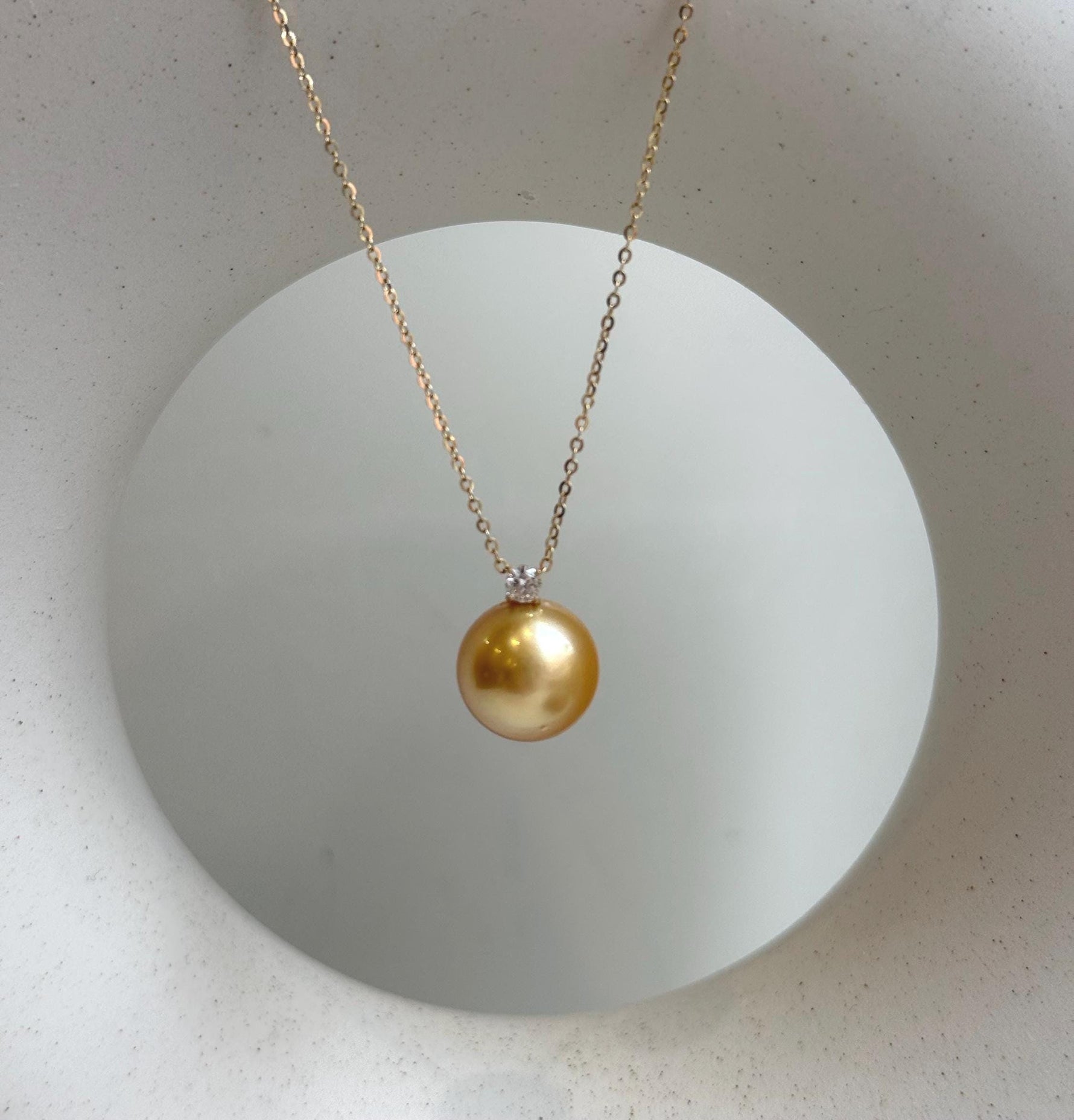 Elly’s 11.7mm 18K Au750 Real Gold South Sea deep Gold Ocean Pearl Pendant: Extreme luster mirrored, 1.5cm high, S925 silver chain. gift for her party