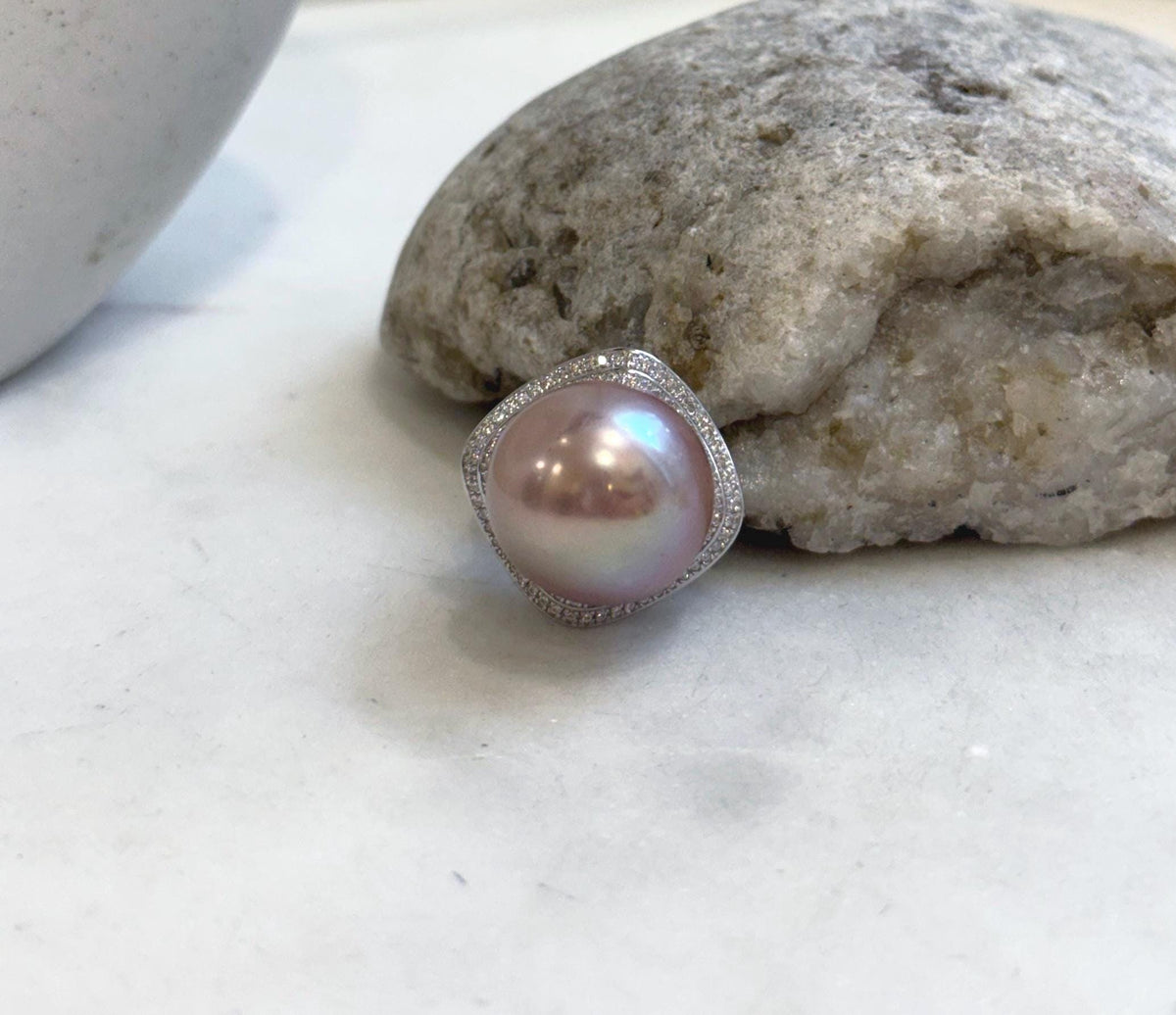 Elly’s 16.6mm Huge Rose Edison pearl ring: Extreme luster mirrored, 1.9cm dia. S925 silver adjustable ring. gift for her birthday