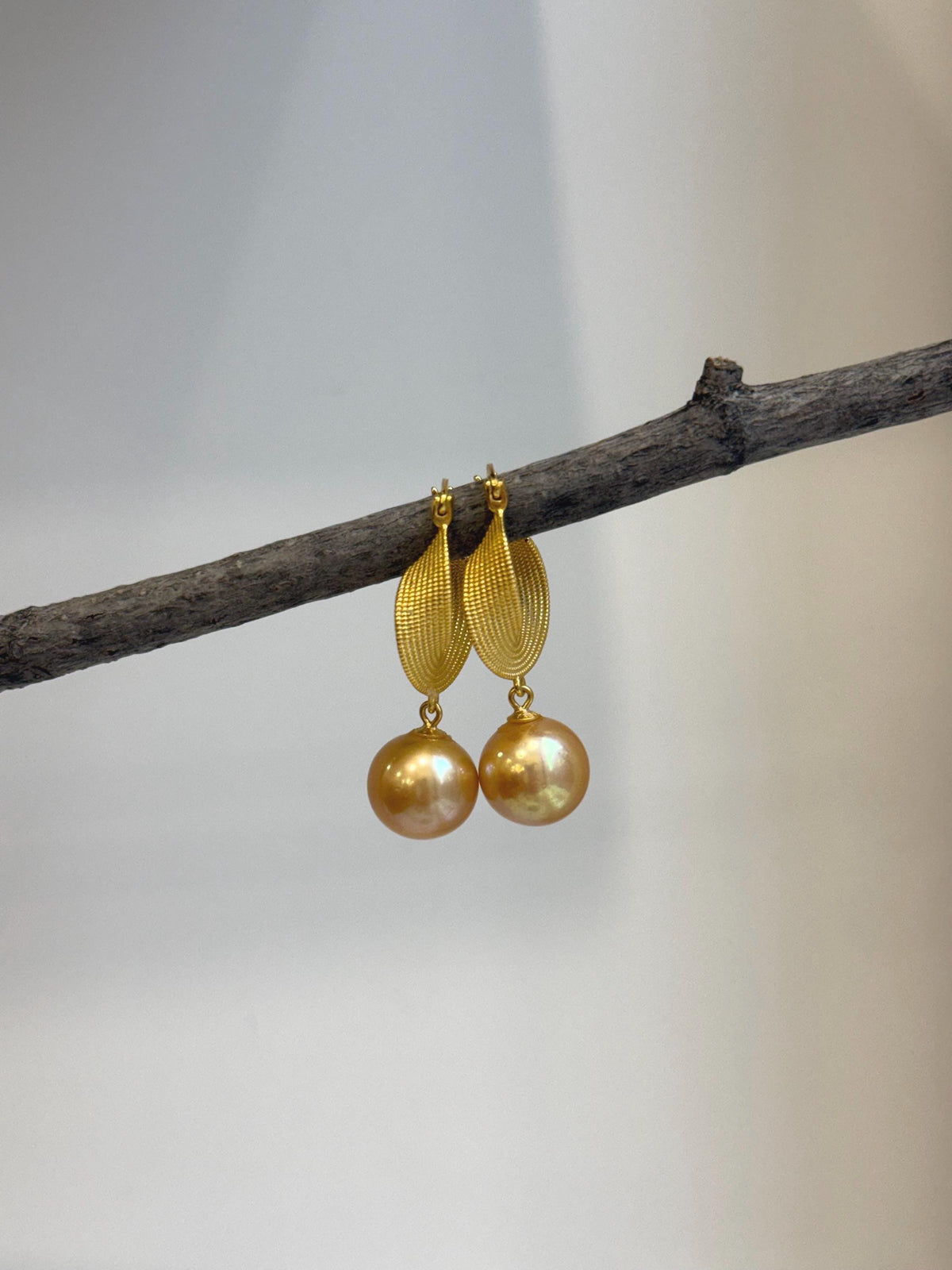 Elly’s 10.5mm Edison deep Golden Pearls Vintage Earrings hoops: Extreme luster Mirrored, 3.3cm high, S925 silver earrings. gift for her