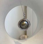 Elly’s 15.2mm Rare Huge Tahitian platinum Ocean Pearl pendant: Strong luster, S925 silver pendant chain set. Pearl jewelry idea. gift for her