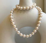Elly’s 7.7-8.7mm 47pcs Akoya Ivory w/ pink hue ocean pearls necklace choker: Extreme luster mirrored, knotted, 18.2”, S925 silver necklace. gift for her