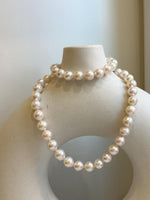Elly’s 7.7-8.7mm 47pcs Akoya Ivory w/ pink hue ocean pearls necklace choker: Extreme luster mirrored, knotted, 18.2”, S925 silver necklace. gift for her party