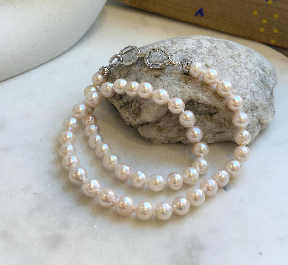 Elly’s 7.7-8.7mm 47pcs Akoya Ivory w/ pink hue ocean pearls necklace choker: Extreme luster mirrored, knotted, 18.2”, S925 silver necklace. gift for her