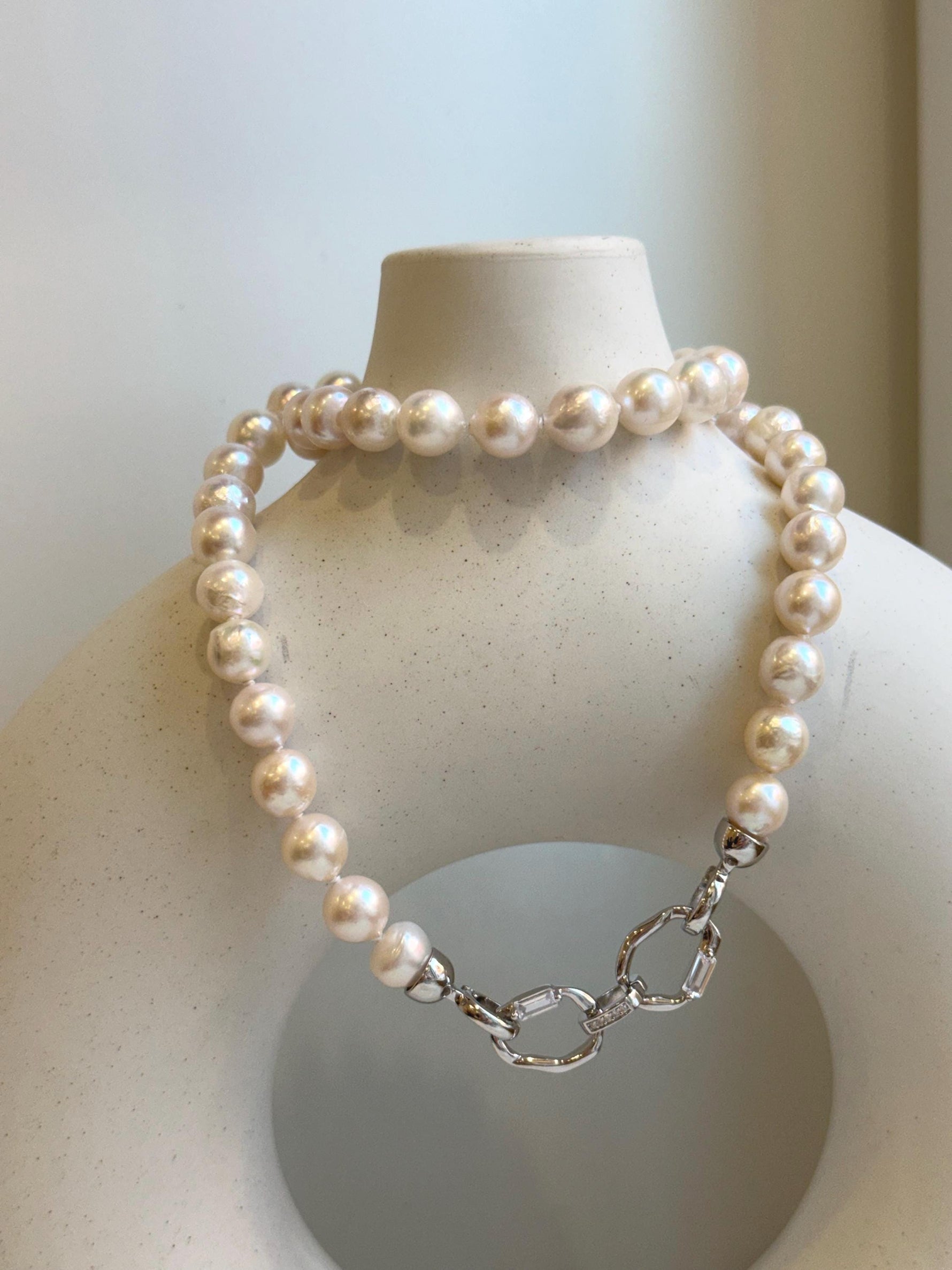 Elly’s 7.7-8.7mm 47pcs Akoya Ivory w/ pink hue ocean pearls necklace choker: Extreme luster mirrored, knotted, 18.2”, S925 silver necklace. gift for her