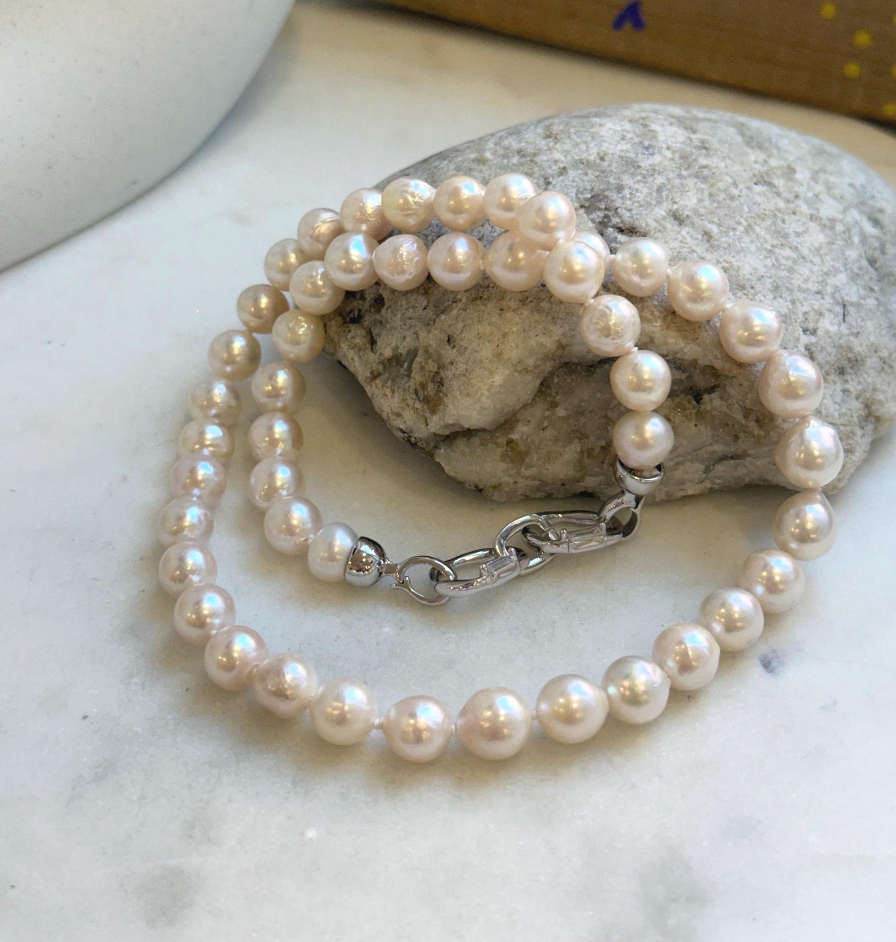 Elly’s 7.7-8.7mm 47pcs Akoya Ivory w/ pink hue ocean pearls necklace choker: Extreme luster mirrored, knotted, 18.2”, S925 silver necklace. gift for her