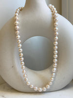 Elly’s 7.7-8.7mm 47pcs Akoya Ivory w/ pink hue ocean pearls necklace choker: Extreme luster mirrored, knotted, 18.2”, S925 silver necklace. gift for her