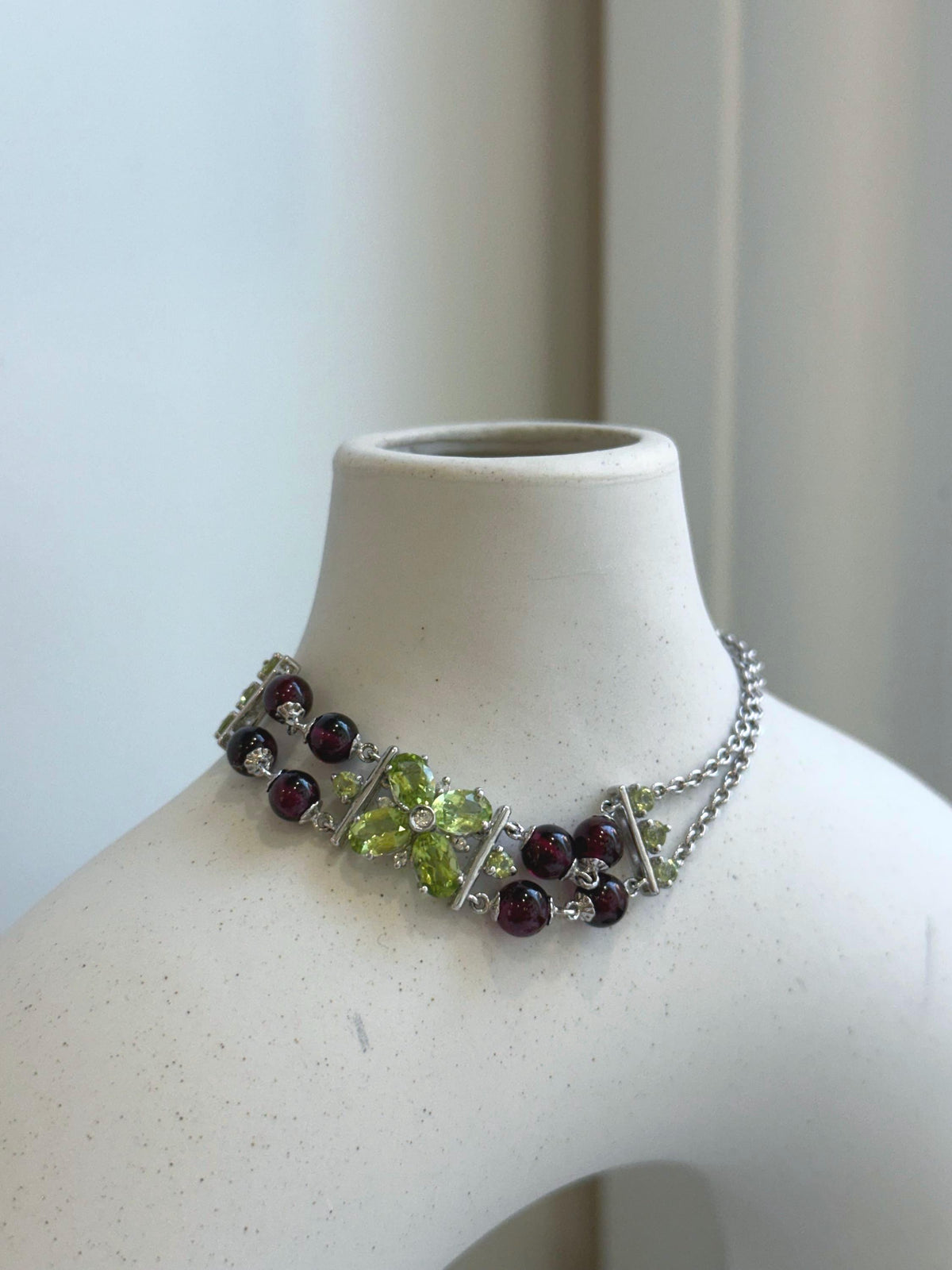 Elly’s Genius Gemstone Garnet Olivine Braclet, 1cm wide, 7.5”, S925 silver bracelet set, with extra S925 silver magnetic clips. gift for her