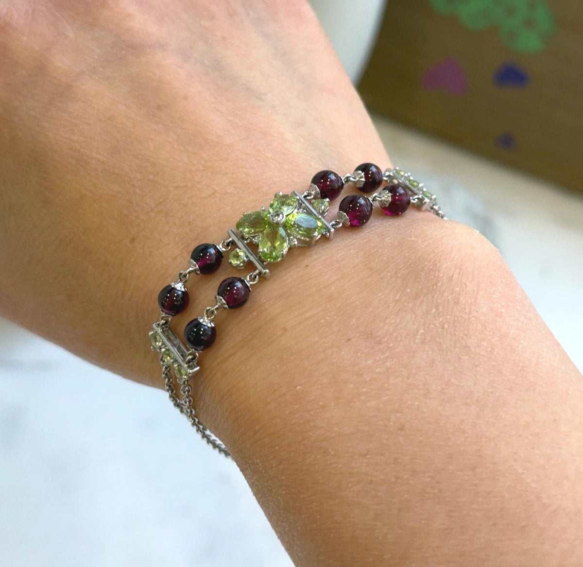 Elly’s Genius Gemstone Garnet Olivine Braclet, 1cm wide, 7.5”, S925 silver bracelet set, with extra S925 silver magnetic clips. gift for her