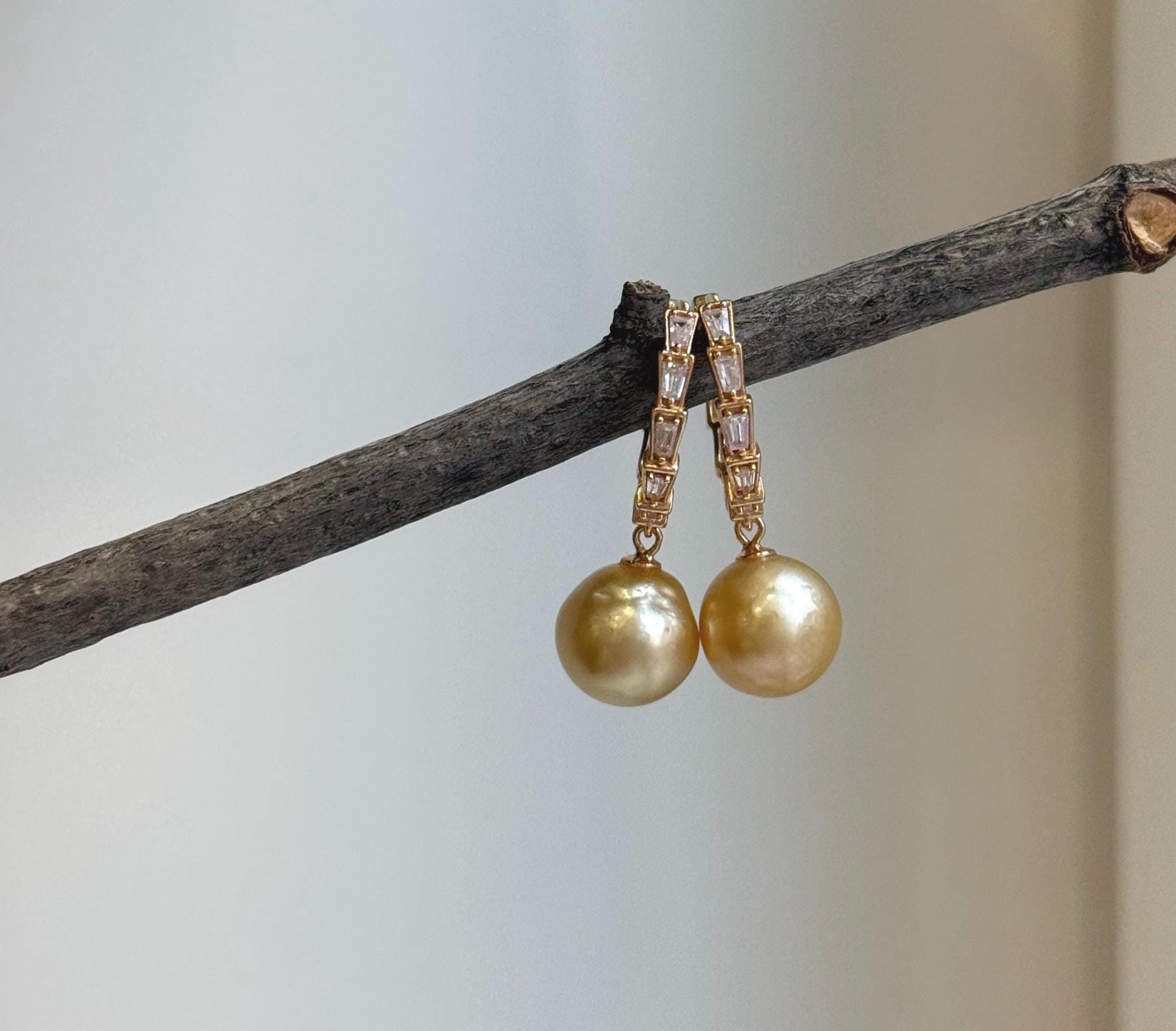 Elly’s 10.5mm South sea ultra golden Pearls Earrings hoops: Strong luster, 2.8cm high, S925 silver cool earrings hoops. gift for her