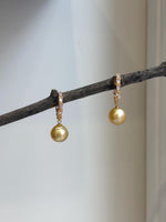 Elly’s 10.5mm South sea ultra golden Pearls Earrings hoops: Strong luster, 2.8cm high, S925 silver cool earrings hoops. gift for her daily wear earrings
