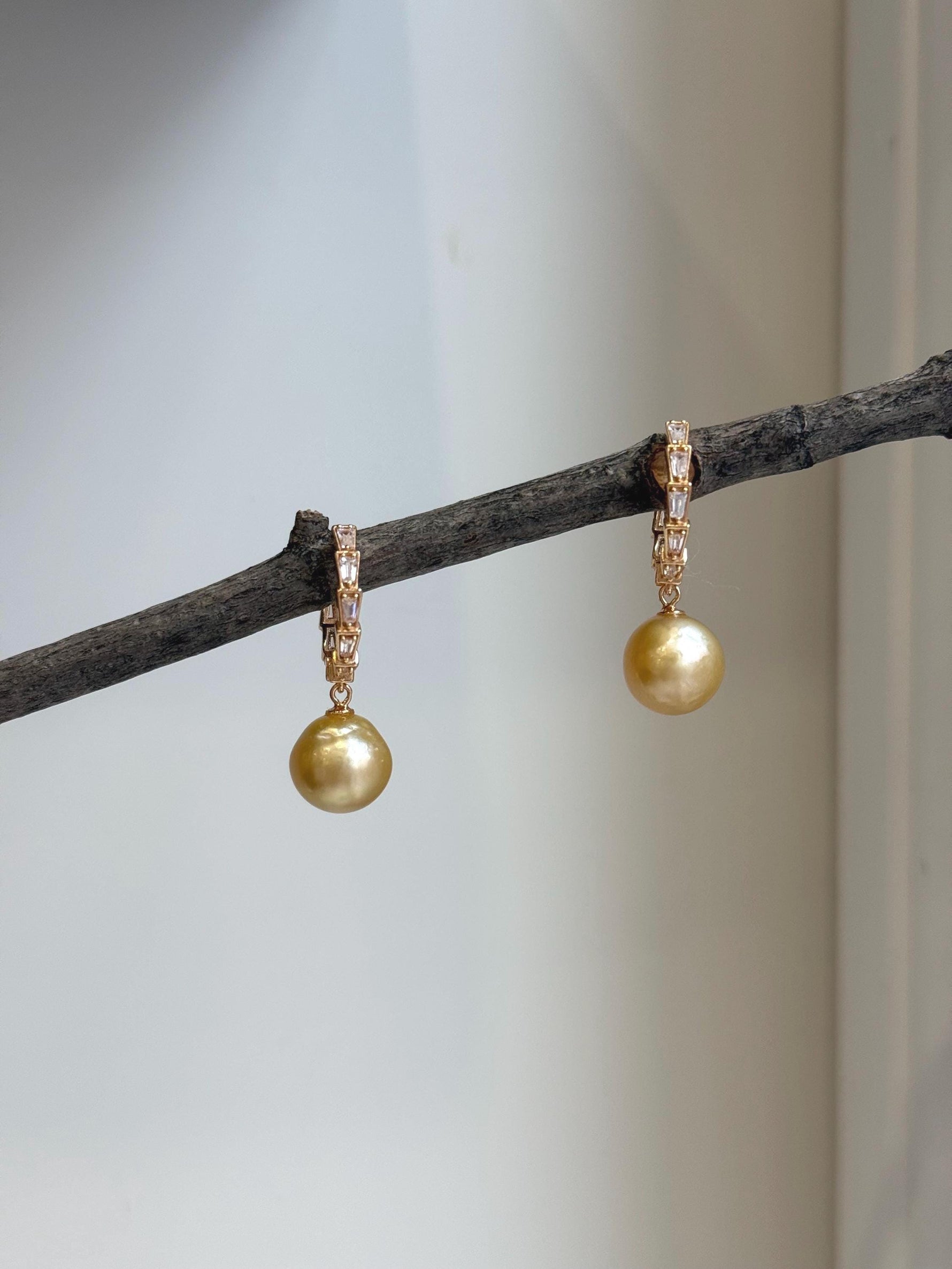 Elly’s 10.5mm South sea ultra golden Pearls Earrings hoops: Strong luster, 2.8cm high, S925 silver cool earrings hoops. gift for her daily wear earrings