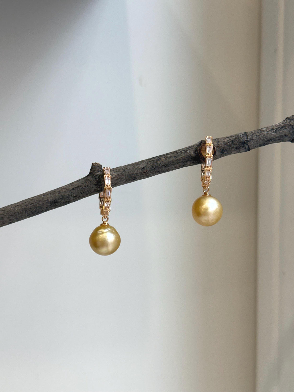 Elly’s 10.5mm South sea ultra golden Pearls Earrings hoops: Strong luster, 2.8cm high, S925 silver cool earrings hoops. gift for her party