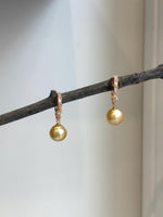 Elly’s 10.5mm South sea ultra golden Pearls Earrings hoops: Strong luster, 2.8cm high, S925 silver cool earrings hoops. gift for her party
