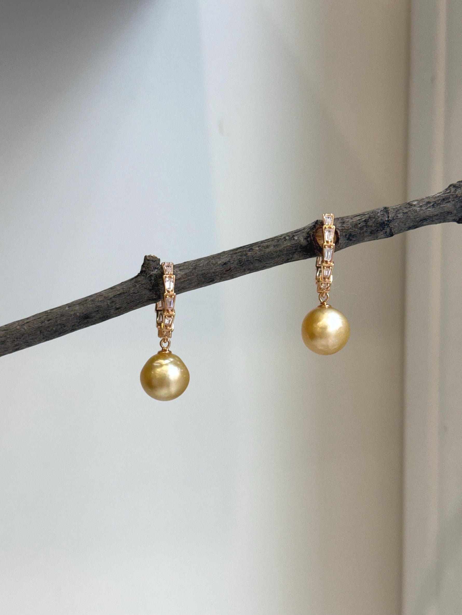 Elly’s 10.5mm South sea ultra golden Pearls Earrings hoops: Strong luster, 2.8cm high, S925 silver cool earrings hoops. gift for her party
