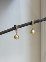 Elly’s 10.5mm South sea ultra golden Pearls Earrings hoops: Strong luster, 2.8cm high, S925 silver cool earrings hoops. gift for her