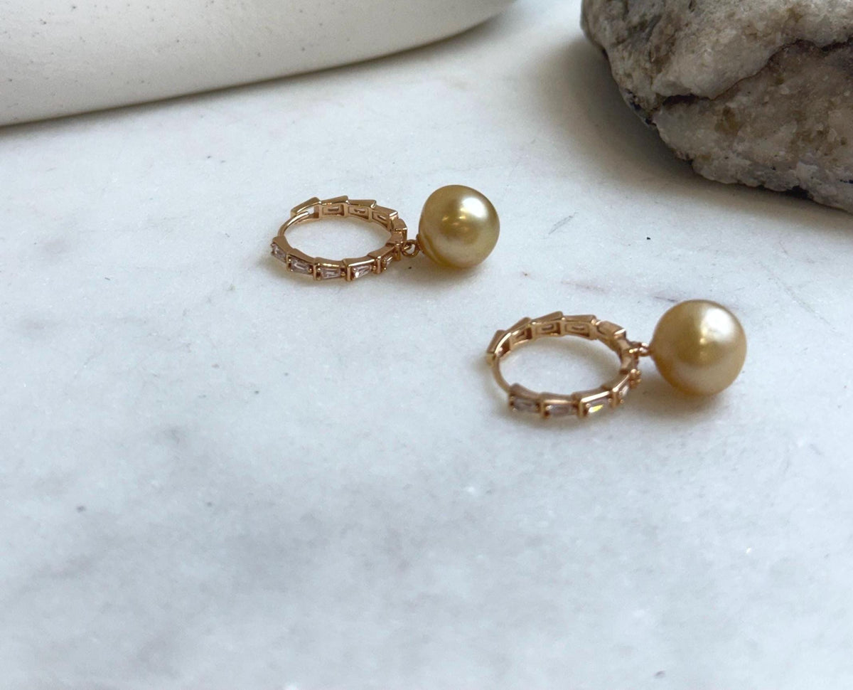 Elly’s 10.5mm South sea ultra golden Pearls Earrings hoops: Strong luster, 2.8cm high, S925 silver cool earrings hoops. gift for her anniversary