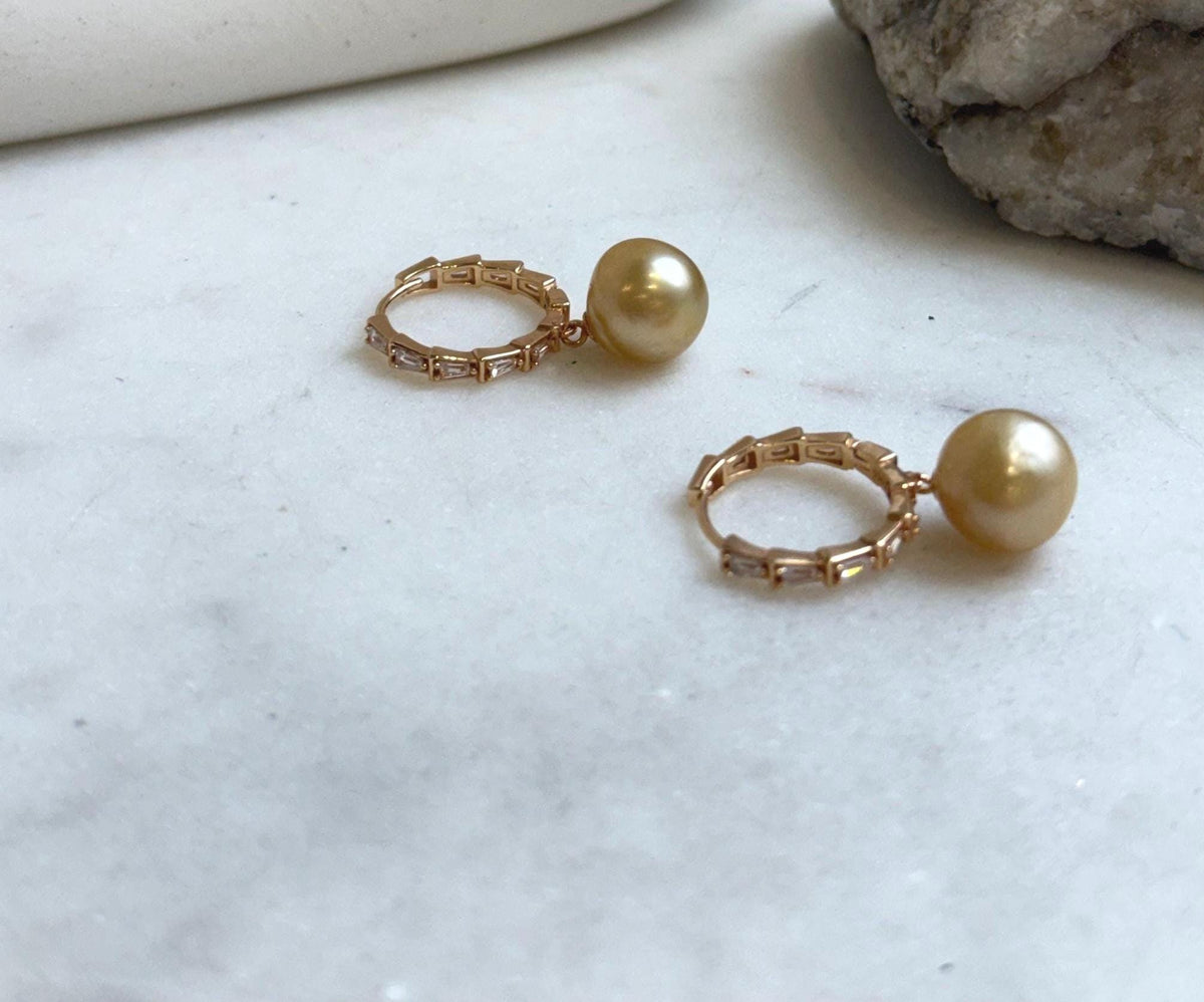 Elly’s 10.5mm South sea ultra golden Pearls Earrings hoops: Strong luster, 2.8cm high, S925 silver cool earrings hoops. gift for her
