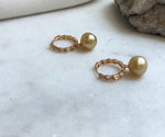Elly’s 10.5mm South sea ultra golden Pearls Earrings hoops: Strong luster, 2.8cm high, S925 silver cool earrings hoops. gift for her