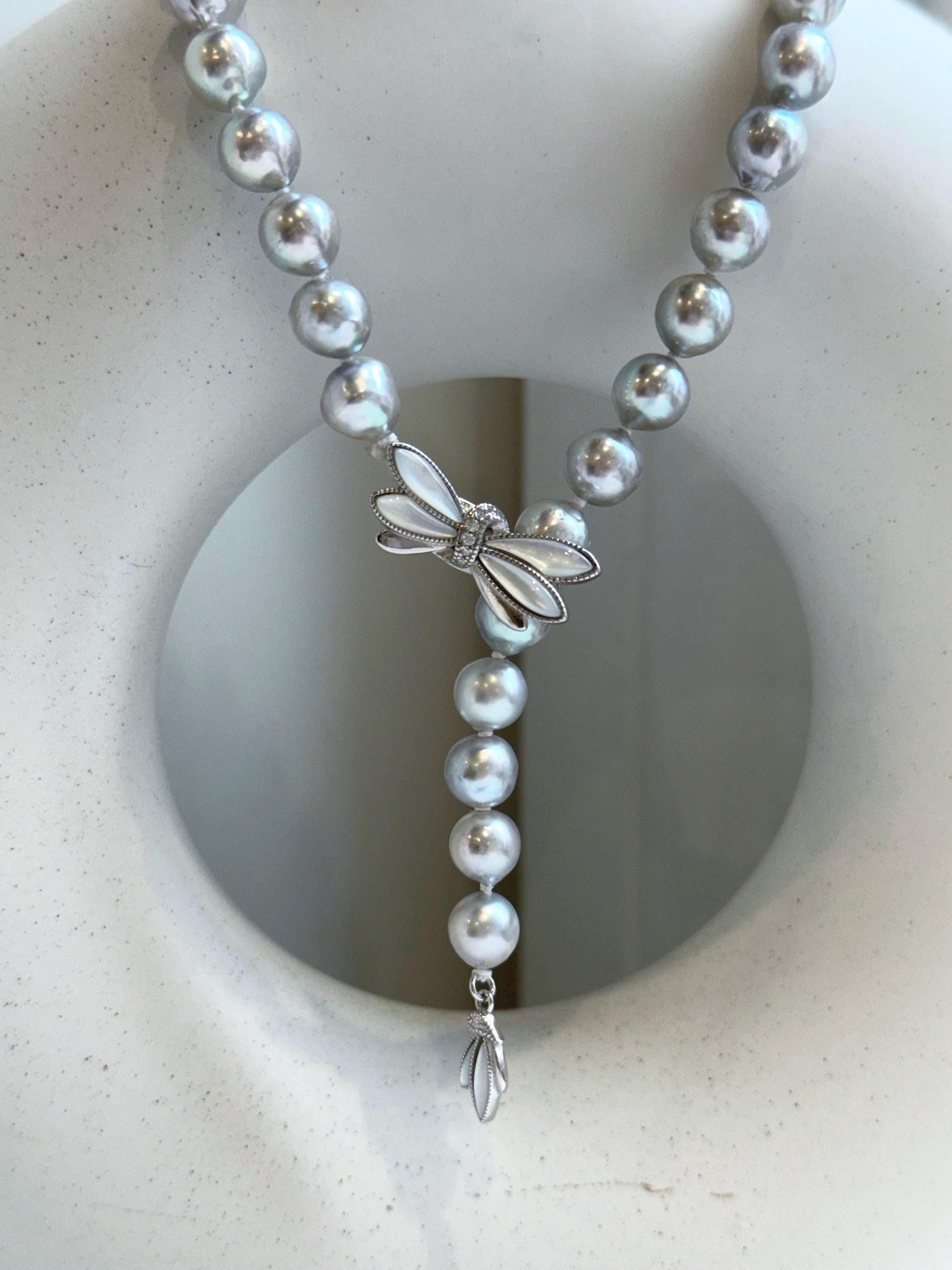 Elly’s 7.4-9.1mm 51pcs Akoya natural blue silver ocean pearls Y-Lairt necklace:Extreme luster mirrored, knotted, 19.3”, S925 silver necklace, gift for her