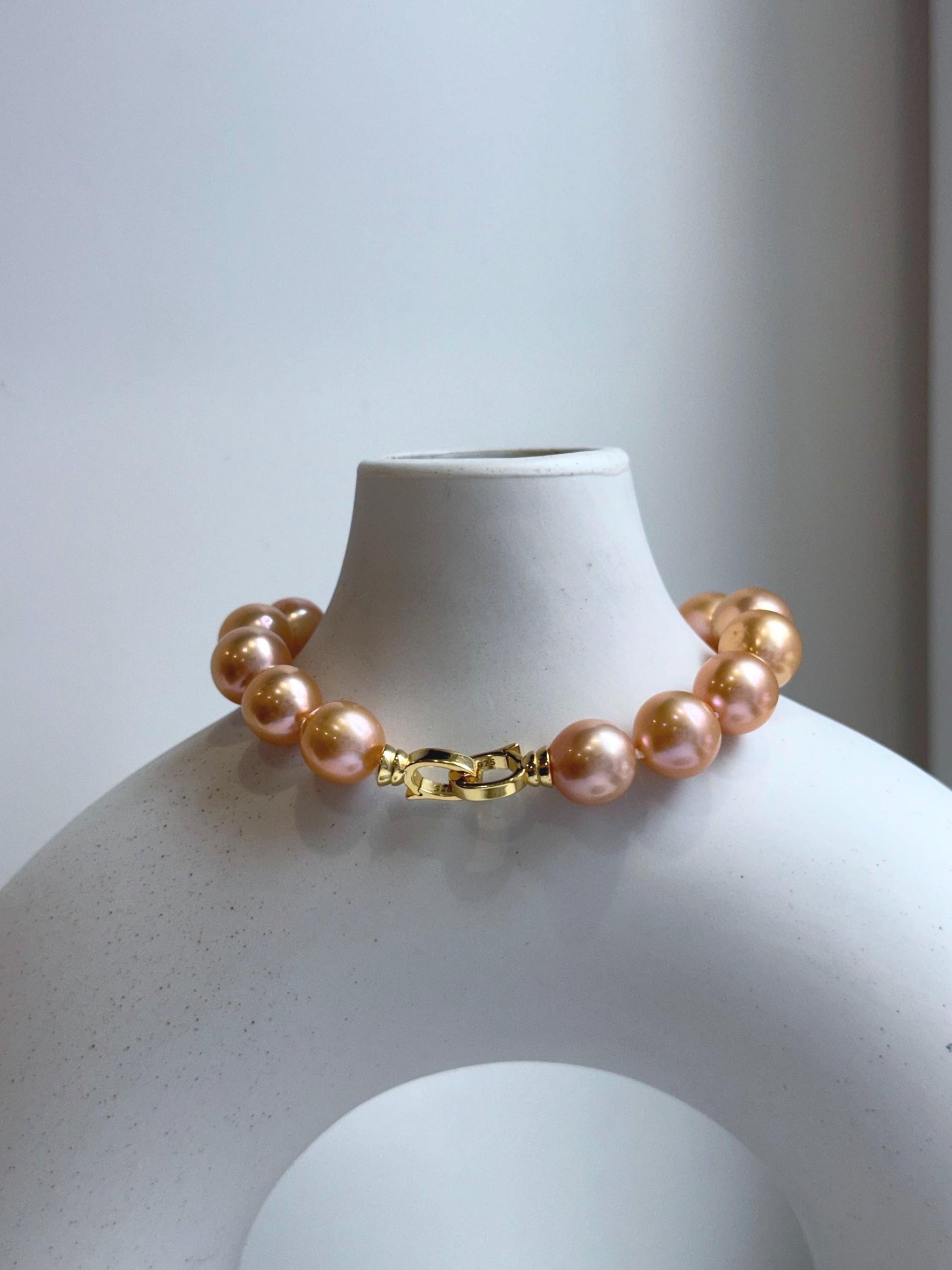Elly’s 16pcs 9.8-11mm Natural Sunset Peach Gold Edison Pearls Bracelet: Extreme luster mirrored, 8” knotted, S925 silver Bracelet. gift for her Valentine’s Day