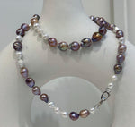 Elly’s Metallic rainbow white iridescent Pearls Necklace Strand: 5-8.5mm, 21.5”, S925 silver necklace.