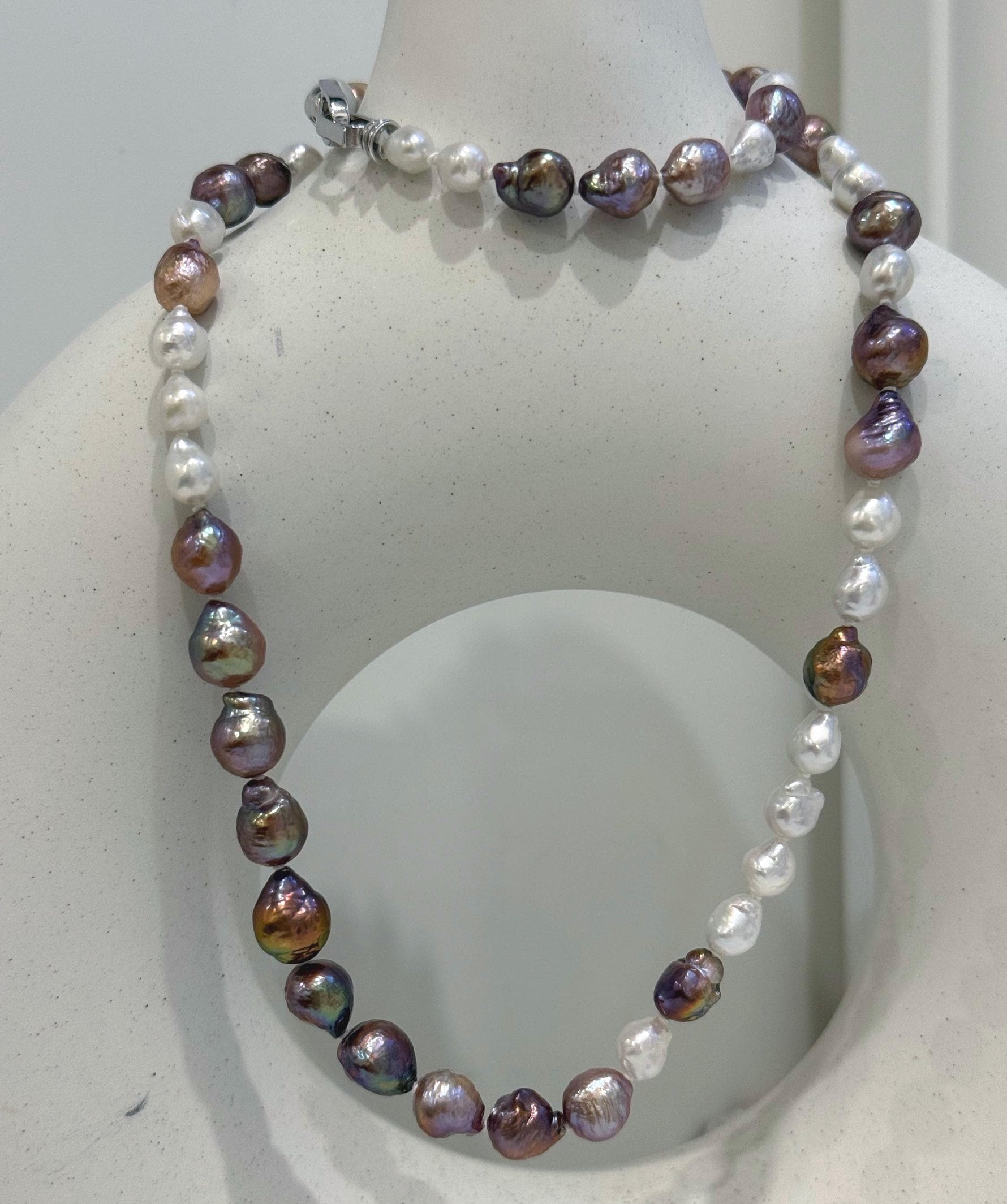 Elly’s Metallic rainbow white iridescent Pearls Necklace Strand: 5-8.5mm, 21.5”, S925 silver necklace. gift for her