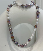 Elly’s Metallic rainbow white iridescent Pearls Necklace Strand: 5-8.5mm, 21.5”, S925 silver necklace. gift for her anniversary