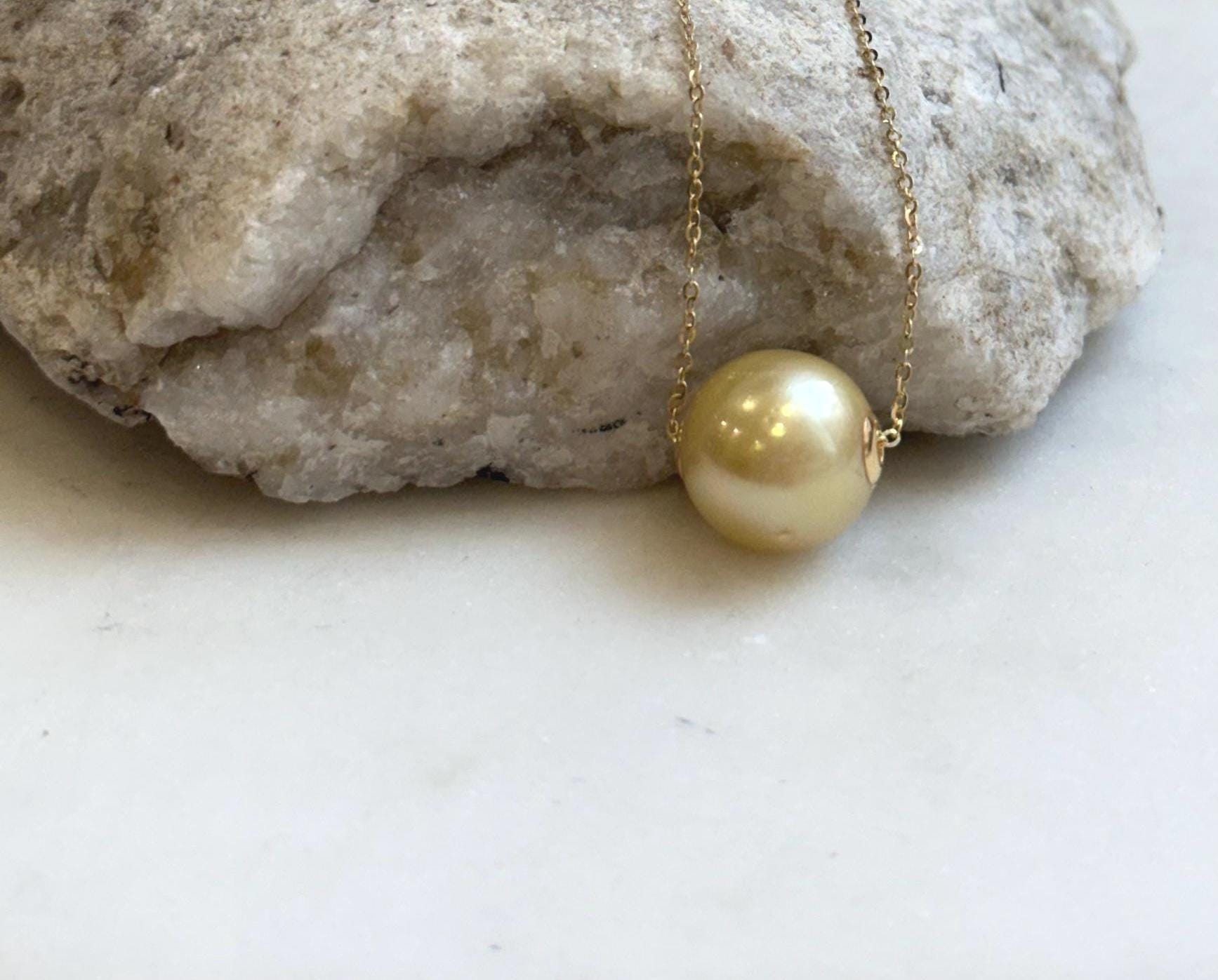 Au750 18k Gold 12.3mm South Sea golden Ocean Pearl Floating pendants:Extreme luster mirrored, ultra gold pearl, S925 silver chain included. gift for her
