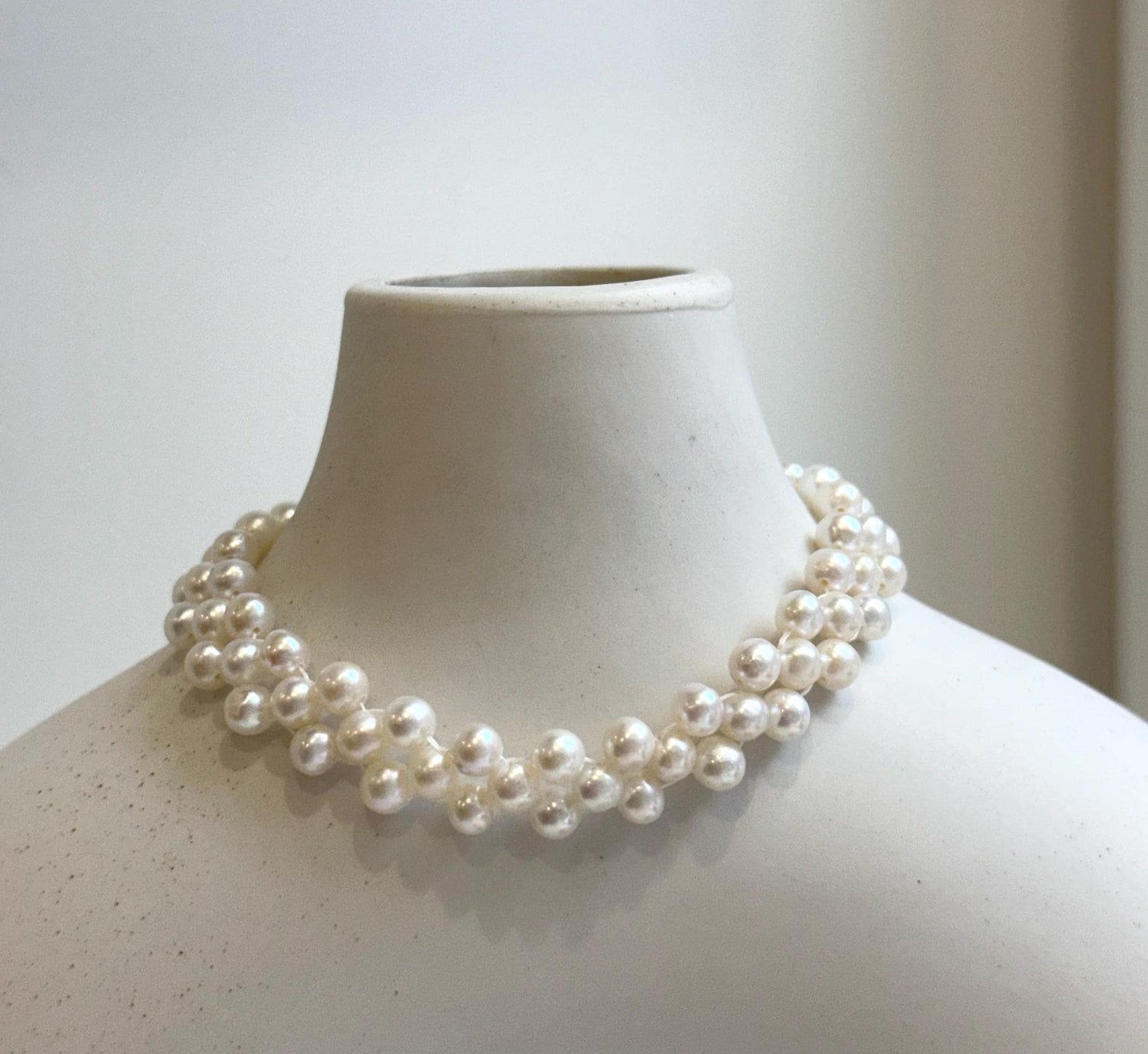 Elly’s 3-ply 4.5-4.7mm white pearls bracelet: Extreme luster, Handmade, 7.3”, S925 silver magnetic clips bracelet.