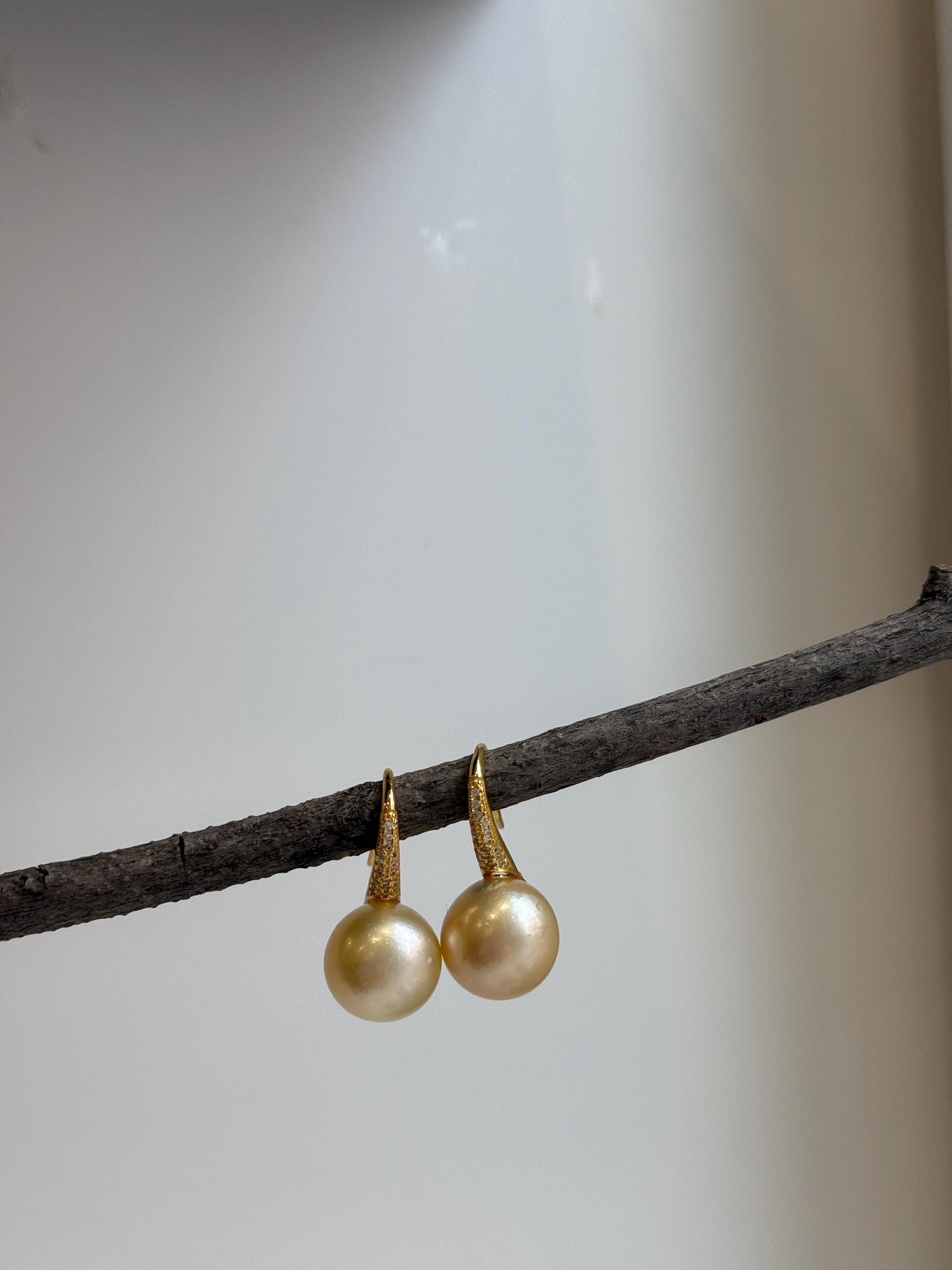 Elly’s 12.5mm South sea light golden Pearls High heel Earrings Hooks: Extreme luster, 2.6cm high, S925 silver earrings with zircon.