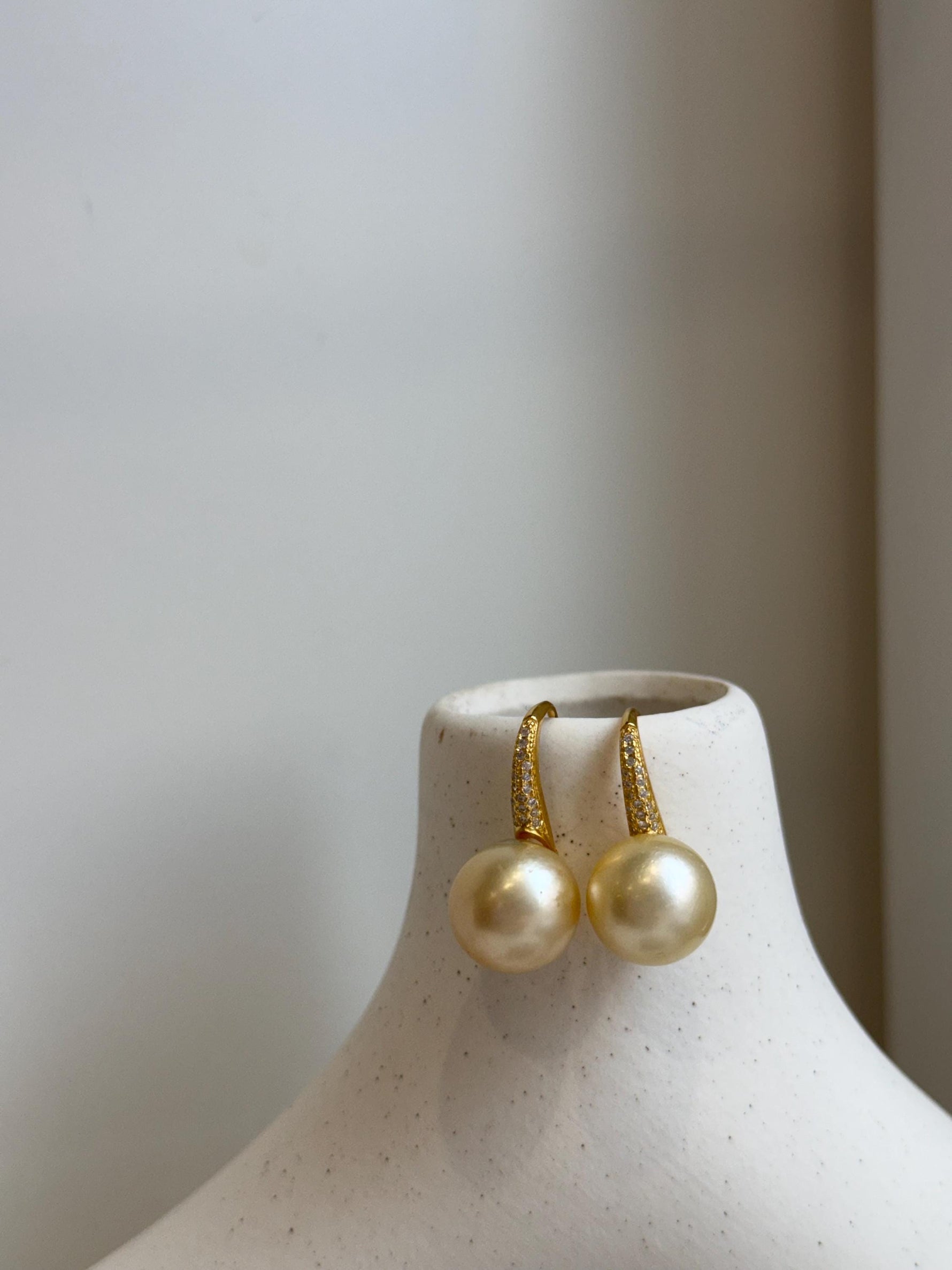 Elly’s 12.5mm South sea light golden Pearls High heel Earrings Hooks: Extreme luster, 2.6cm high, S925 silver earrings with zircon.gift for anniversary