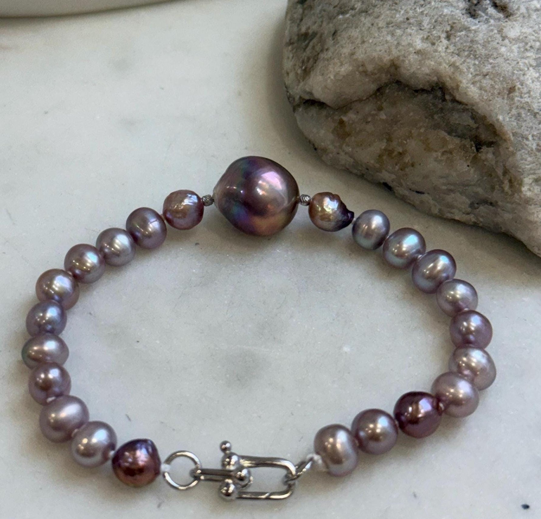 Elly’s 6.4-13.8mm lavender purple pearls Bracelet: Extreme luster mirrored, 8” knotted, S925 silver Braclet. Pearl jewelry idea. Gift for her