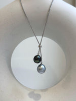 Elly’s 9.9-11.1mm Double Tahitian platinum peacock green ocean pearls Necklace: extreme luster mirrored, S925 silver chain set.daily pearl necklace