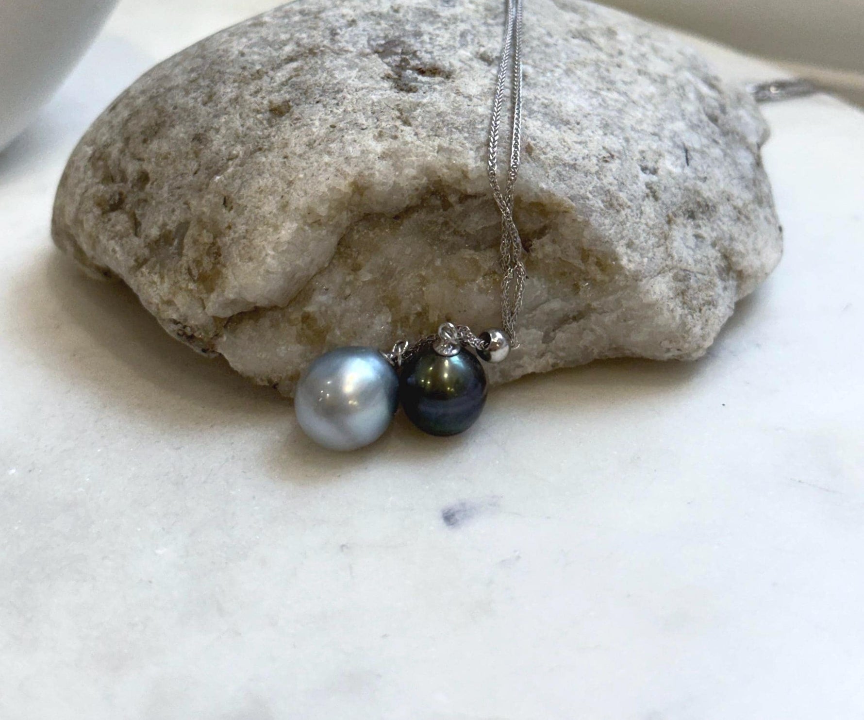 Elly’s 9.9-11.1mm Double Tahitian platinum peacock green ocean pearls Necklace: extreme luster mirrored, S925 silver chain set.