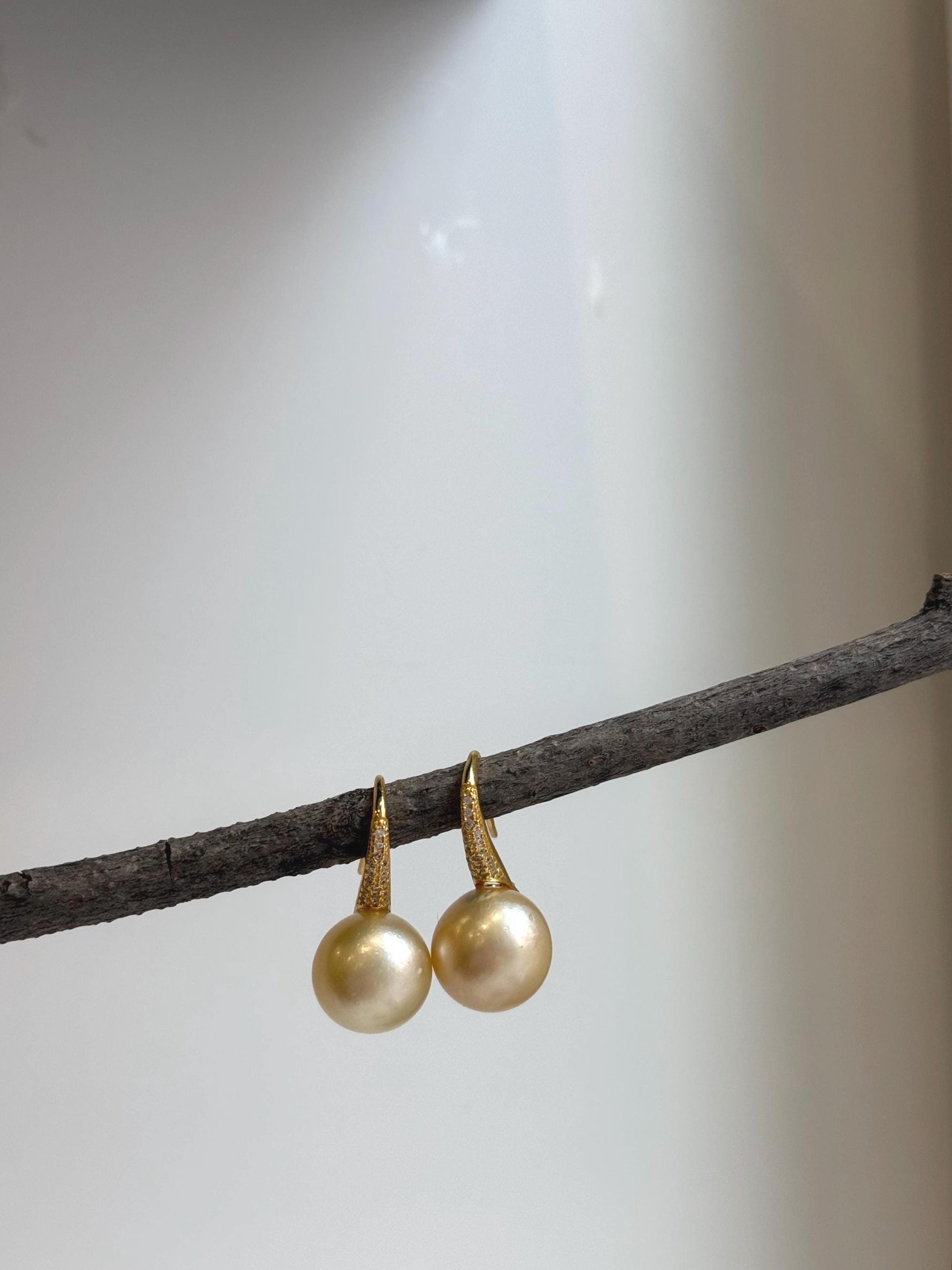 Elly’s 12.5mm South sea light golden Pearls High heel Earrings Hooks: Extreme luster, 2.6cm high, S925 silver earrings with zircon. gift for her daily wear
