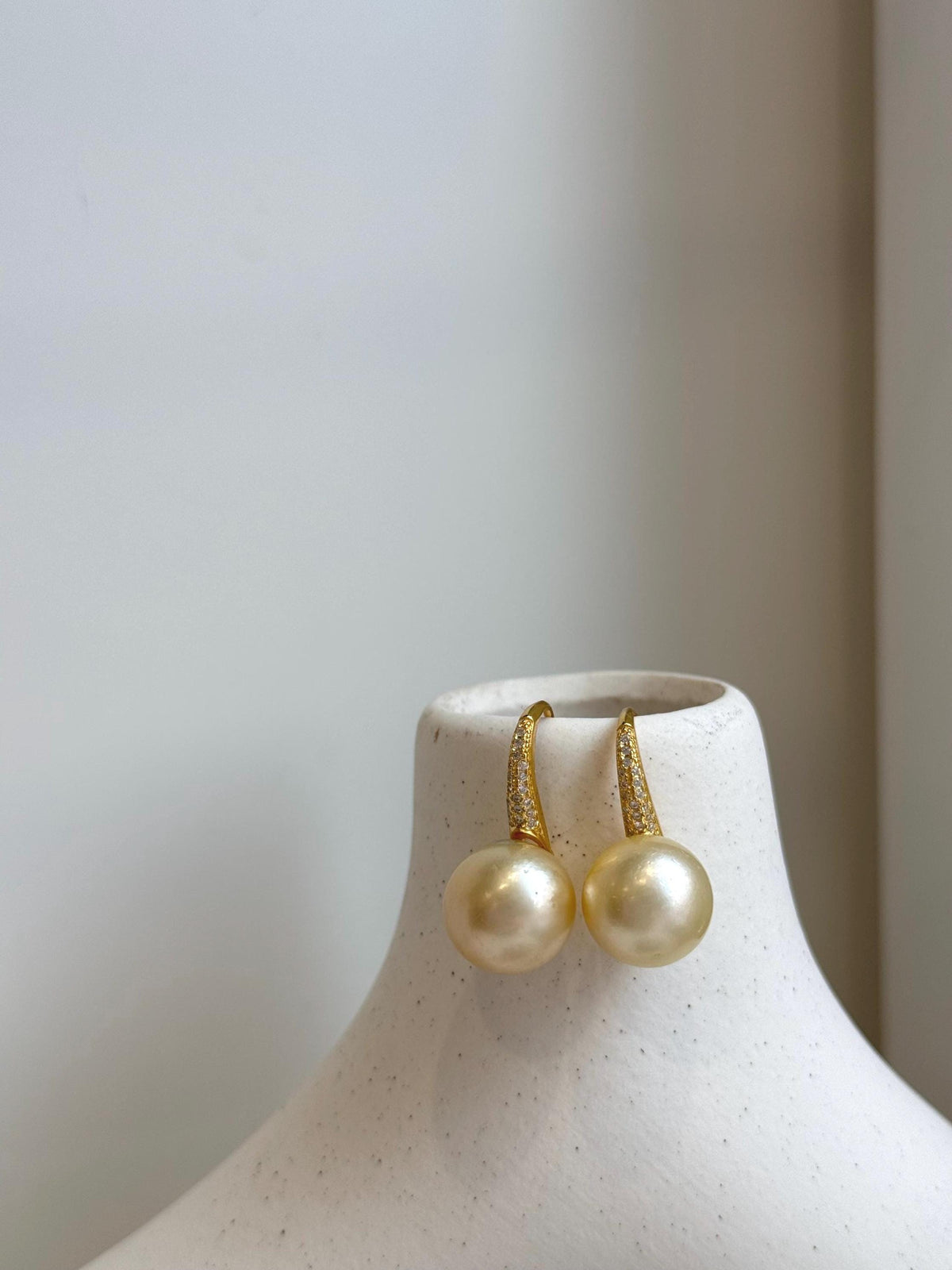 Elly’s 12.5mm South sea light golden Pearls High heel Earrings Hooks: Extreme luster, 2.6cm high, S925 silver earrings with zircon. gift for her anniversary