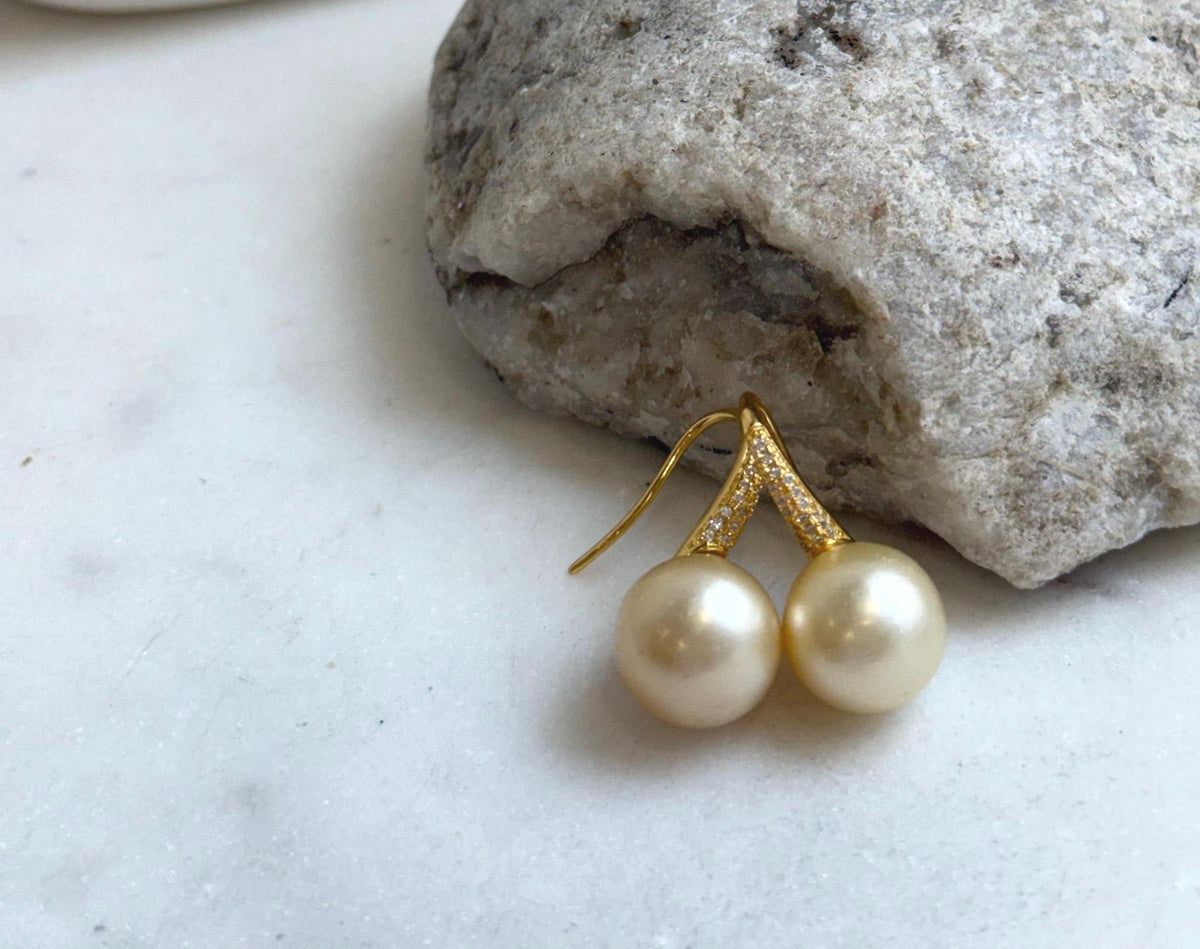Elly’s 12.5mm South sea light golden Pearls High heel Earrings Hooks: Extreme luster, 2.6cm high, S925 silver earrings with zircon. gift for her party