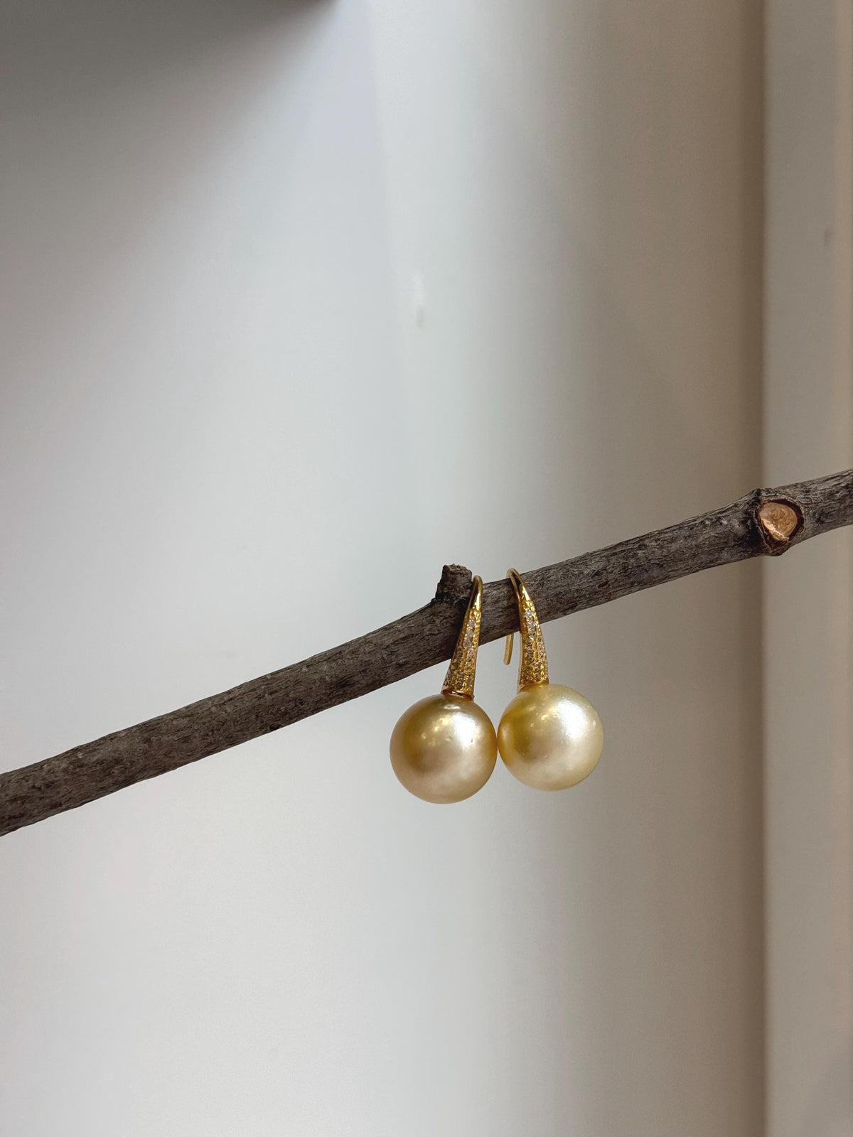 Elly’s 12.5mm South sea light golden Pearls High heel Earrings Hooks: Extreme luster, 2.6cm high, S925 silver earrings with zircon.