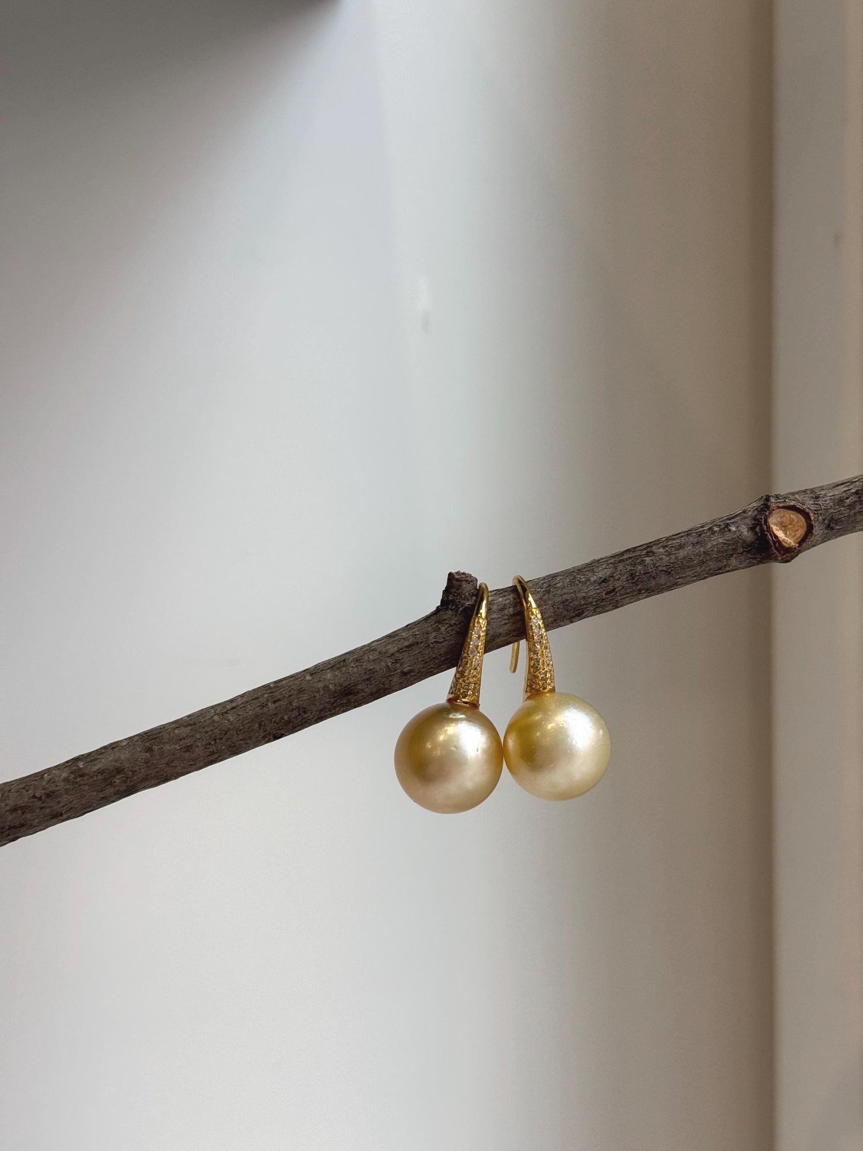 Elly’s 12.5mm South sea light golden Pearls High heel Earrings Hooks: Extreme luster, 2.6cm high, S925 silver earrings with zircon.