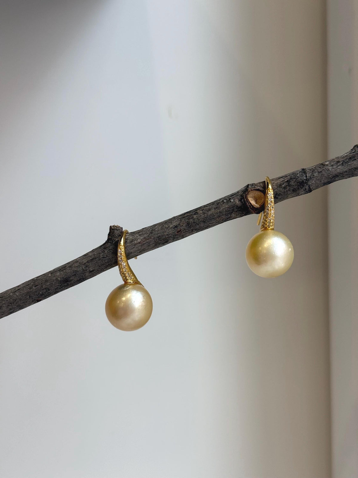 Elly’s 12.5mm South sea light golden Pearls High heel Earrings Hooks: Extreme luster, 2.6cm high, S925 silver earrings with zircon. gift for her birthday