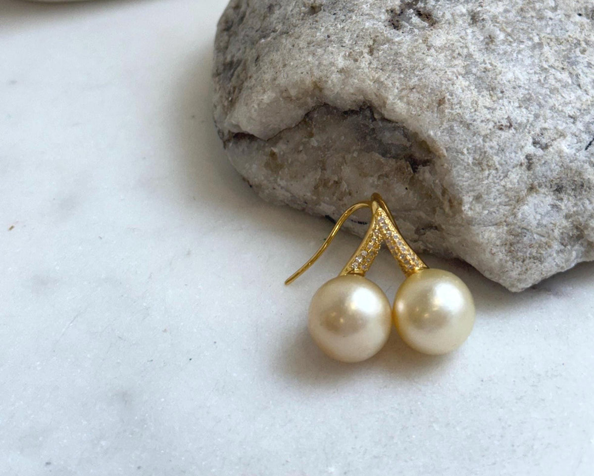Elly’s 12.5mm South sea light golden Pearls High heel Earrings Hooks: Extreme luster, 2.6cm high, S925 silver earrings with zircon.