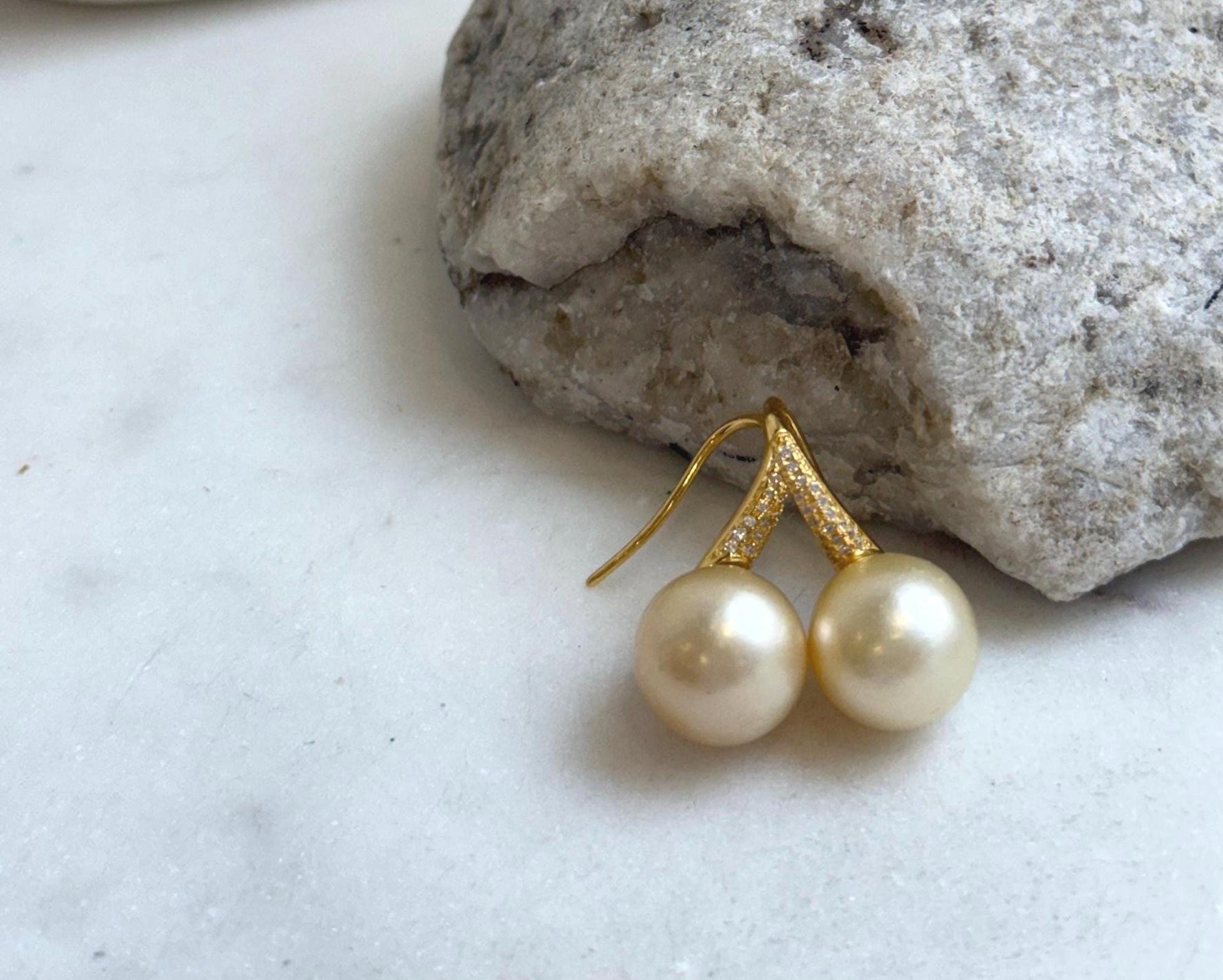 Elly’s 12.5mm South sea light golden Pearls High heel Earrings Hooks: Extreme luster, 2.6cm high, S925 silver earrings with zircon.