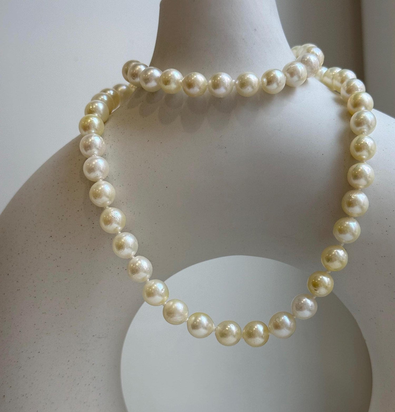 Elly’s 6.8-7.3mm 61pcs Akoya ivory gold ocean pearls necklace:Extreme luster mirrored, knotted, 18.6”, S925 silver necklace strand. gift for her Valentine’s Day