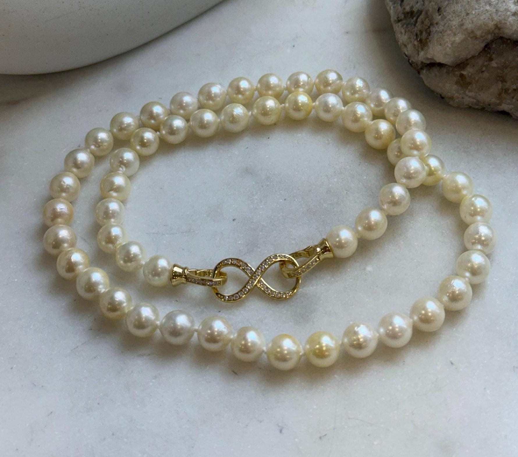 Elly’s 6.8-7.3mm 61pcs Akoya ivory gold ocean pearls necklace:Extreme luster mirrored, knotted, 18.6”, S925 silver necklace strand. gift for her Valentine’s Day