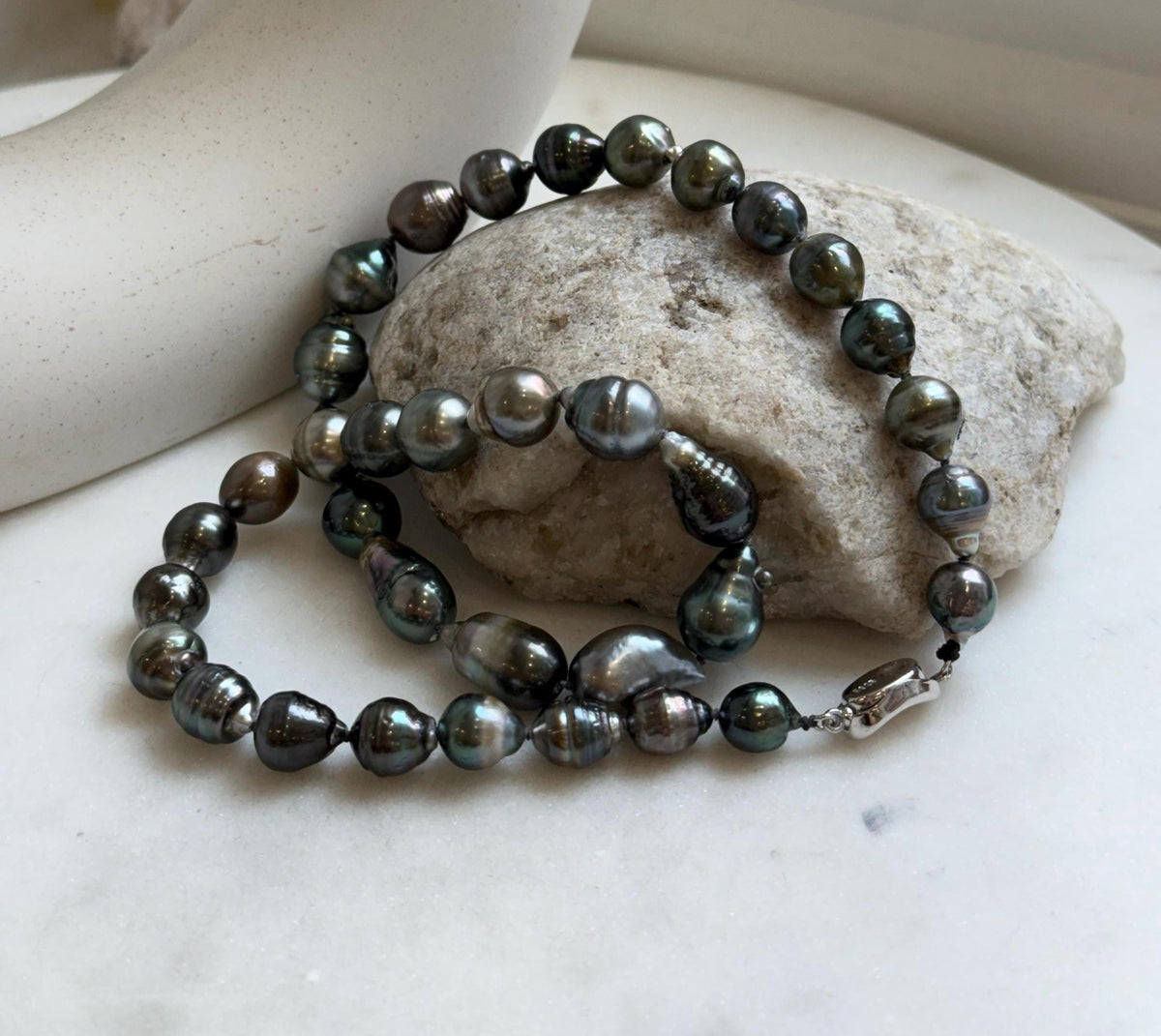 Elly’s 7.8-10.2mm 36pcs Tahitian Ocean pearls necklace: Extreme luster, Hand knotted, 18.3”, S925 silver necklace strand, gift for her Valentine’s Day