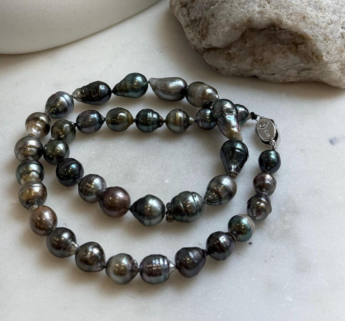 Elly’s 7.8-10.2mm 36pcs Tahitian Ocean pearls necklace: Extreme luster, Hand knotted, 18.3”, S925 silver necklace strand, gift for her Valentine’s Day